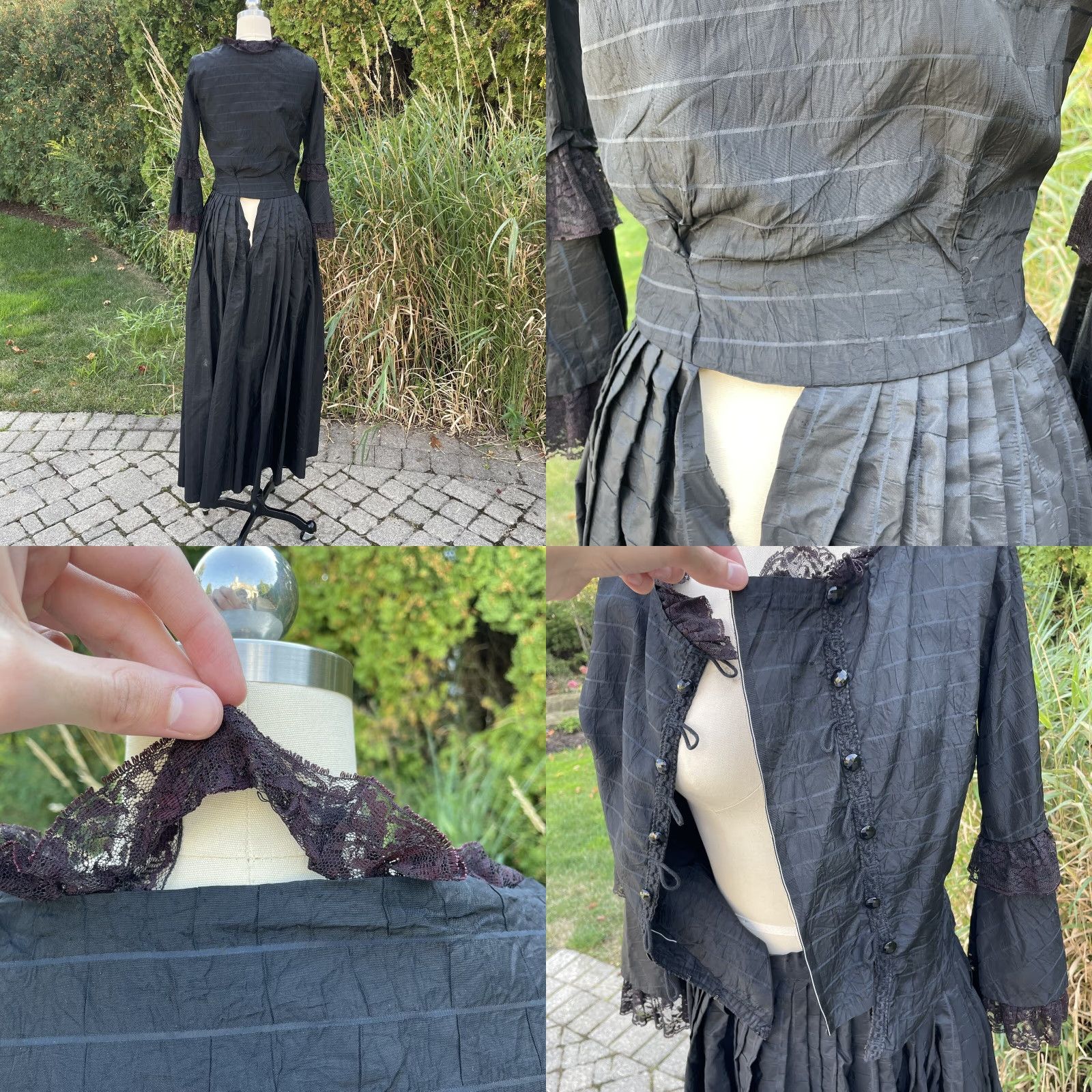 Vintage VINTAGE Antique Silk Mourning Dress Black Gown Lace Victorian Bustle Ostrich Feather VTG Gothic PS Black Mens? Size S / US 4 / IT 40 - 9 Thumbnail