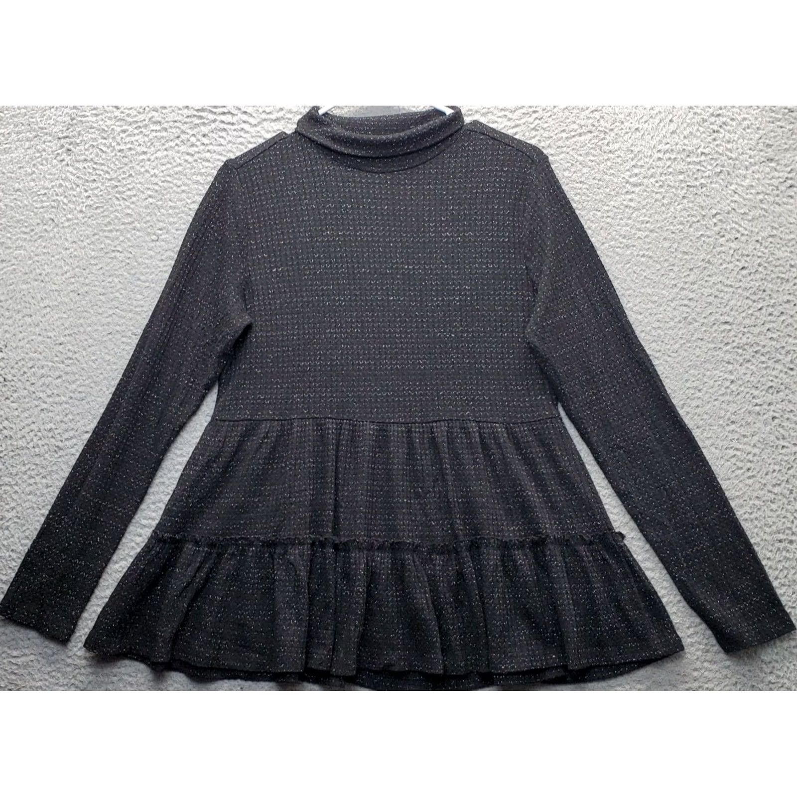 Vintage LC Lauren Conrad Blouse Womens M Black Metallic Tiered Hem Knitted Turtleneck Shirt Y2K Style Size M / US 6-8 / IT 42-44 - 2 Thumbnail