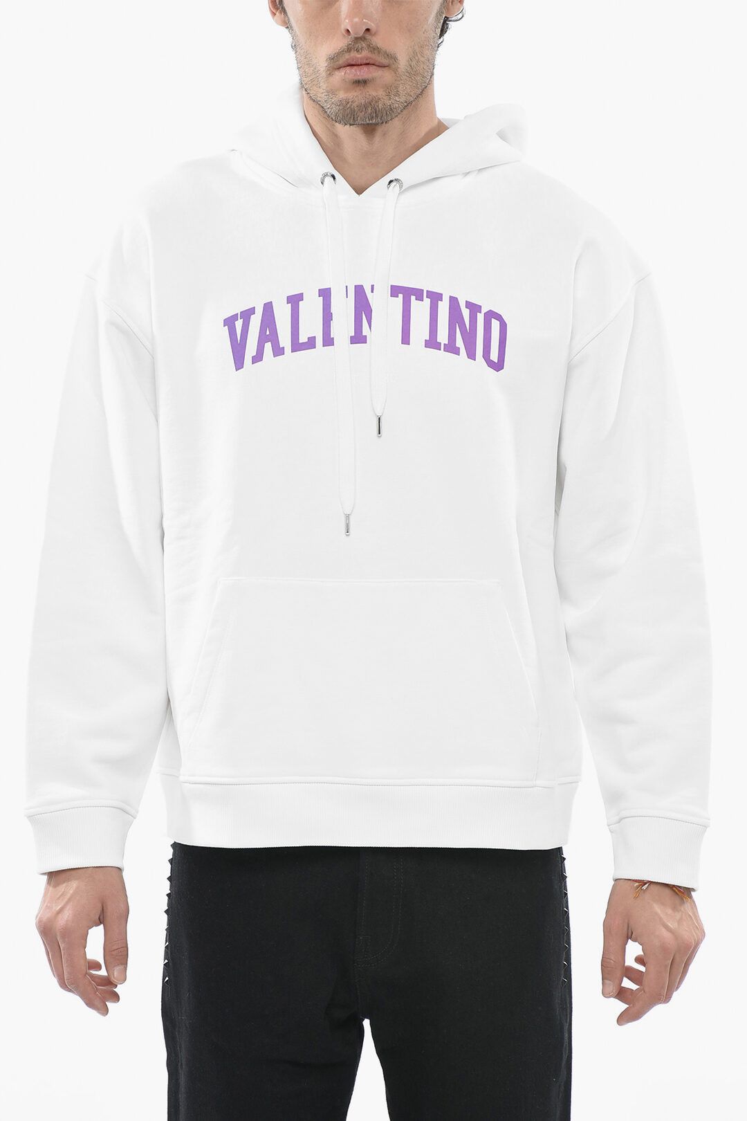 image of Valentino Og1Mm0524 Logo Print Brushed Cotton Hoodie In White, Men's (Size XL)