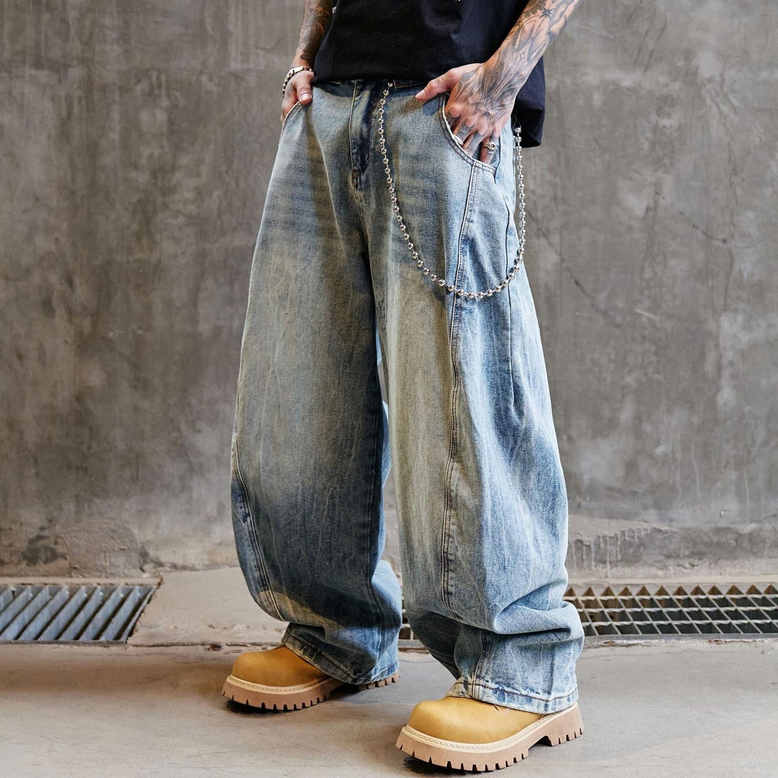 Jean Light Blue Distressed Baggy Wide Leg Jeans, Relaxed Fit Size US 30 / EU 46 - 3 Thumbnail