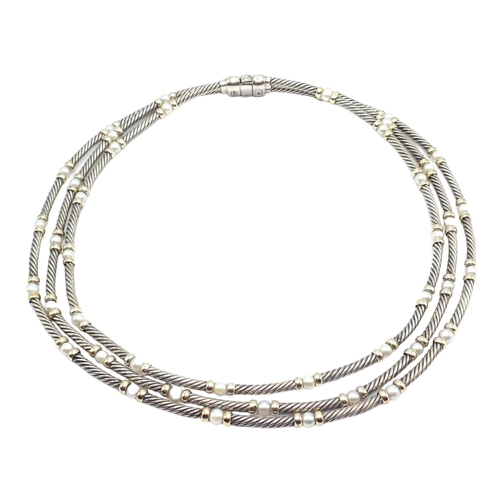 image of David Yurman Silver 14K Yellow Gold 3 Cable 3Mm Pearl Necklace 15", Women's