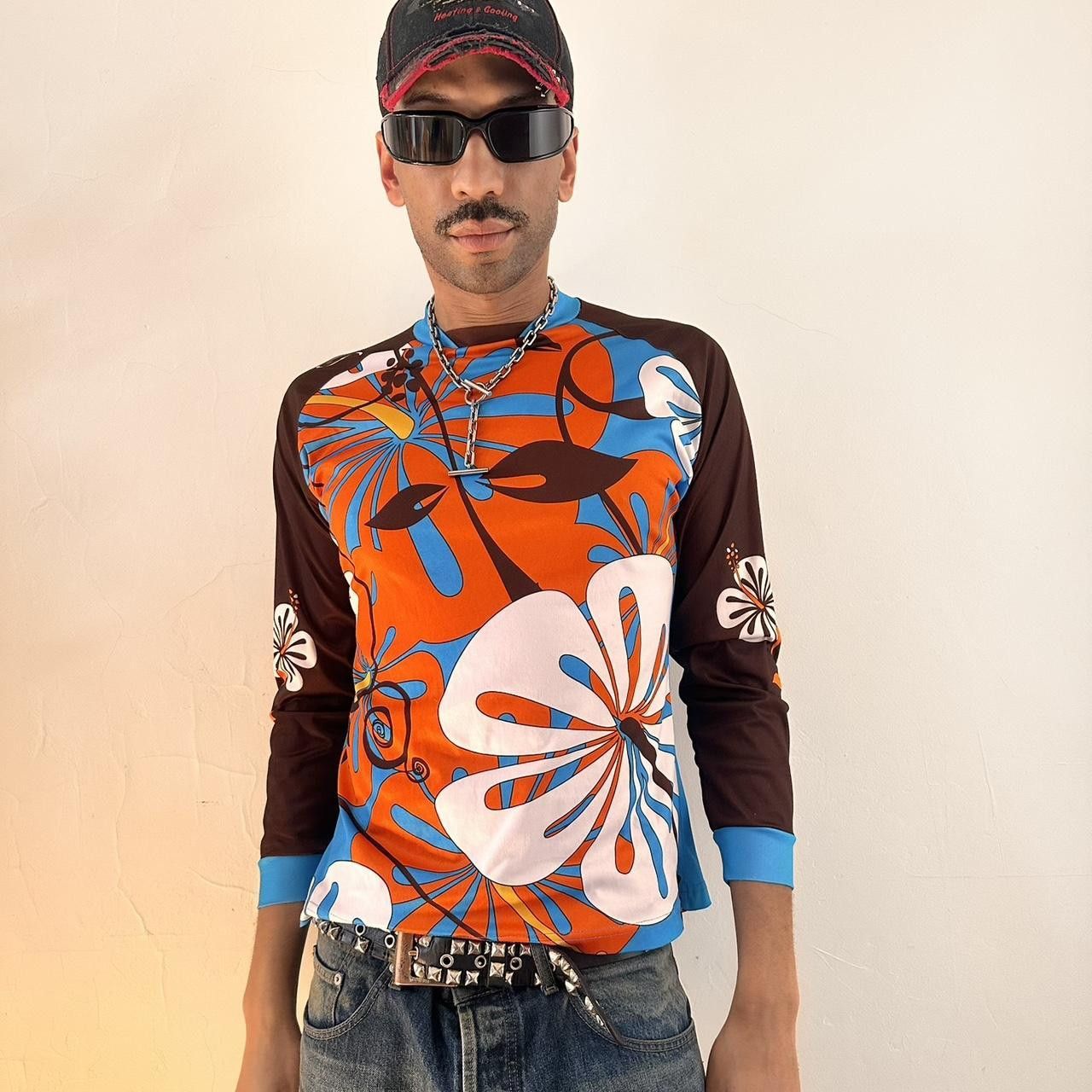 Other Vintage 70s Style Orange Hibiscus Floral Jersey - Medium Size US M / EU 48-50 / 2 - 3 Thumbnail