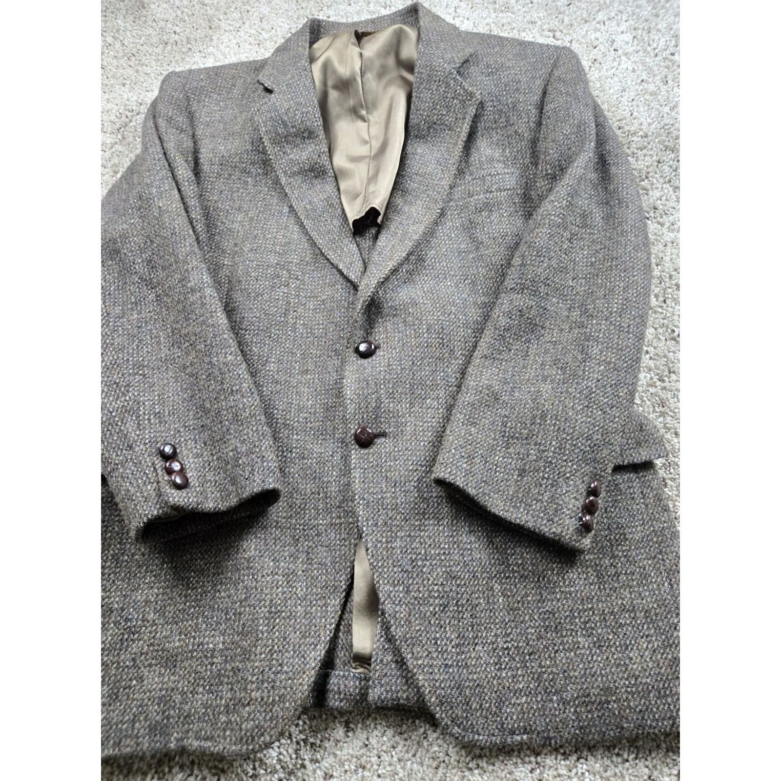 Harris Tweed VINTAGE Harris Tweed Blazer Jacket 44 R Brown Gray Tweed Wool USA Made 80s Men Blazer 2 Piece Single-Breasted USA Mens Size 44R - 3 Thumbnail