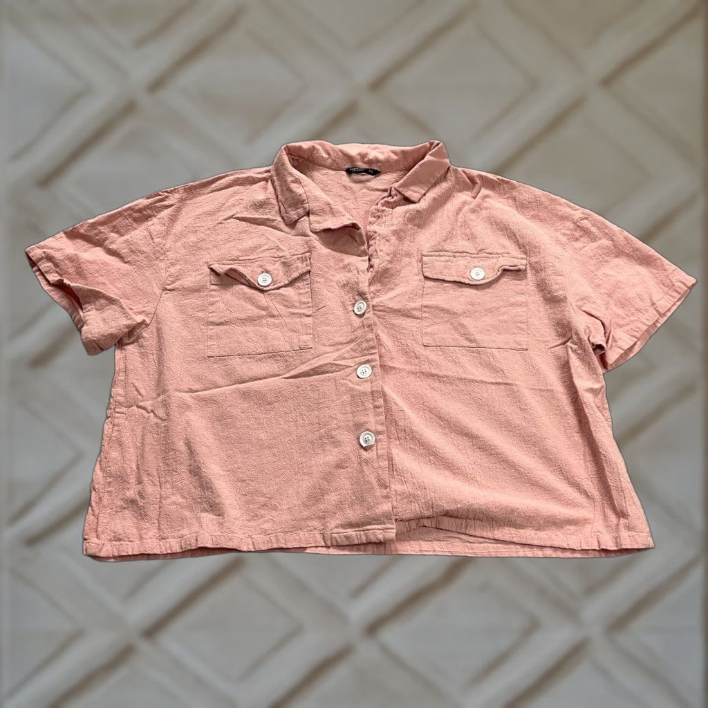 Shein SHEIN Curve Plus Size 3XL Pink Cropped Button Down Blouse Casual Short Sleeve Cotton Womens Size XXL / US 16-18 / IT 52-54 - 1 Thumbnail
