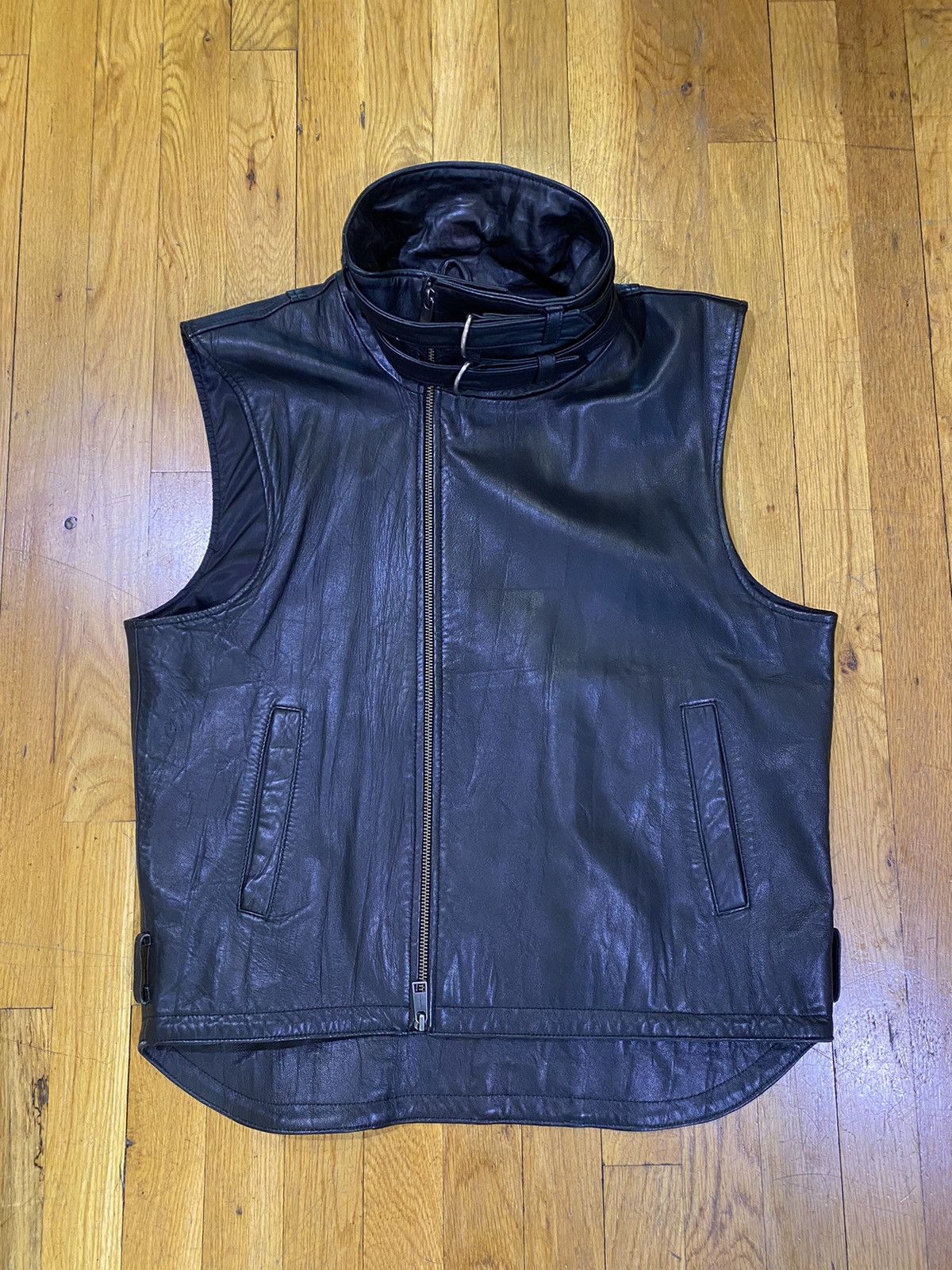 image of Leather Cult Asymmetrical High Collar Vest in Black, Men's (Size Medium)