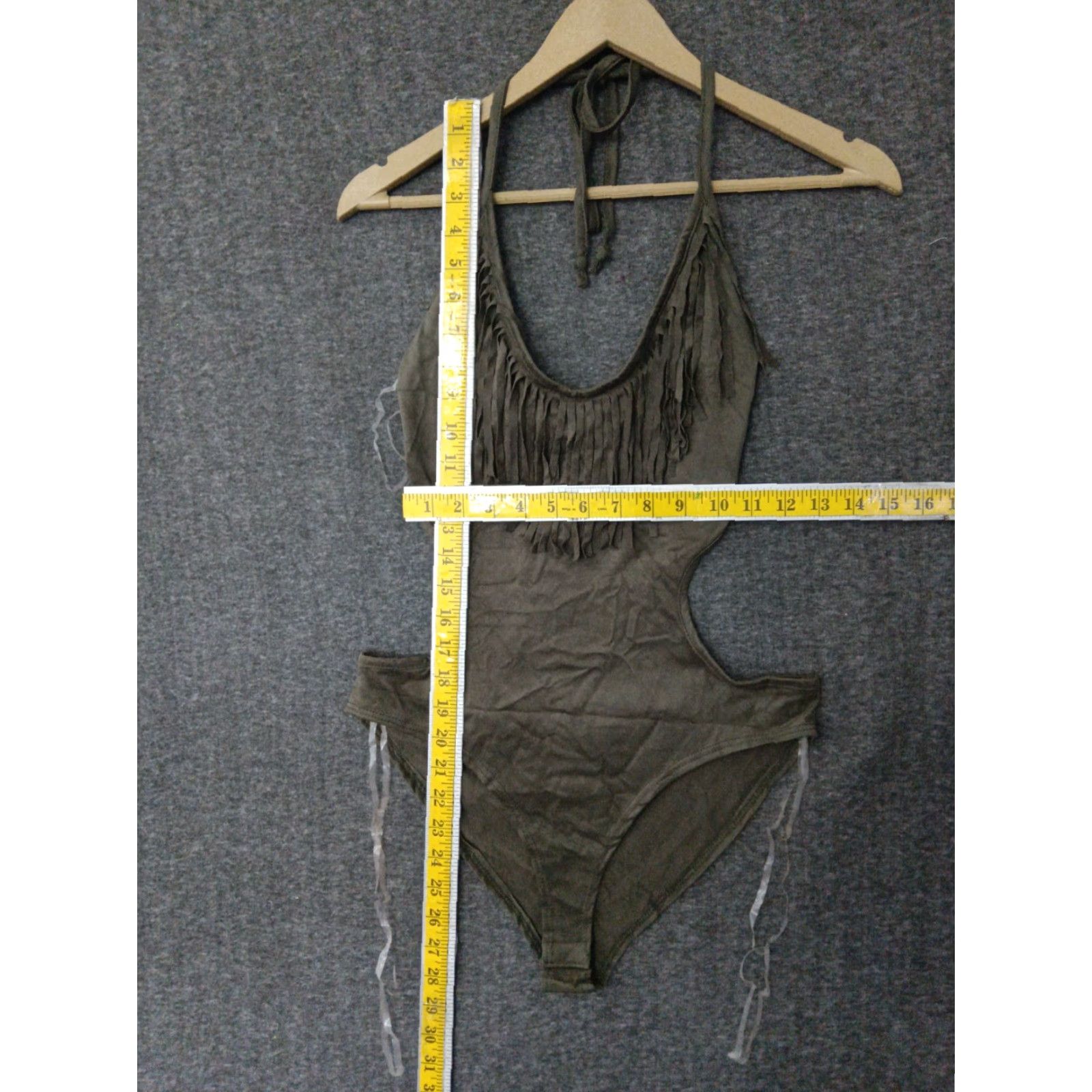 Olive Codigo Fringe Bodysuit Women's Olive Gray L Fringe Color Solid One Piece Adjustable Strap Wireless Polyester Spandex Colorful 90s Womens Size L / US 10 / IT 46 - 4 Thumbnail