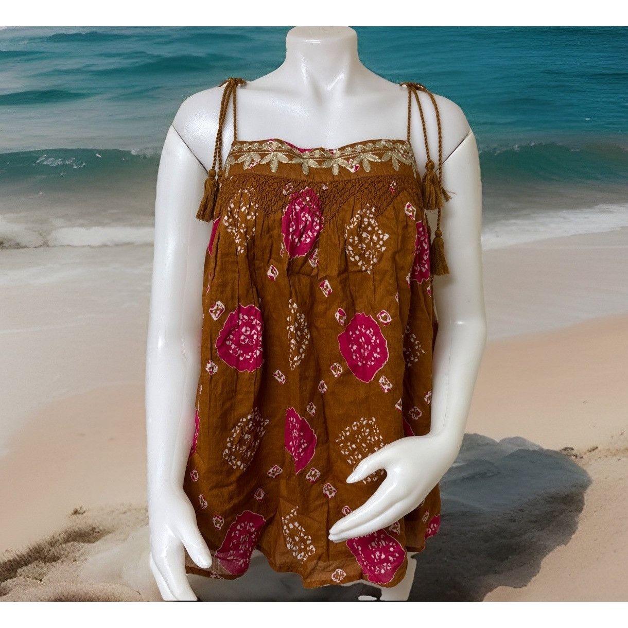Nicole Miller Artelier Nicole Miller Boho Tank Womens XL Brown Pink Smocke Size XL / US 12-14 / IT 48-50 - 1 Thumbnail