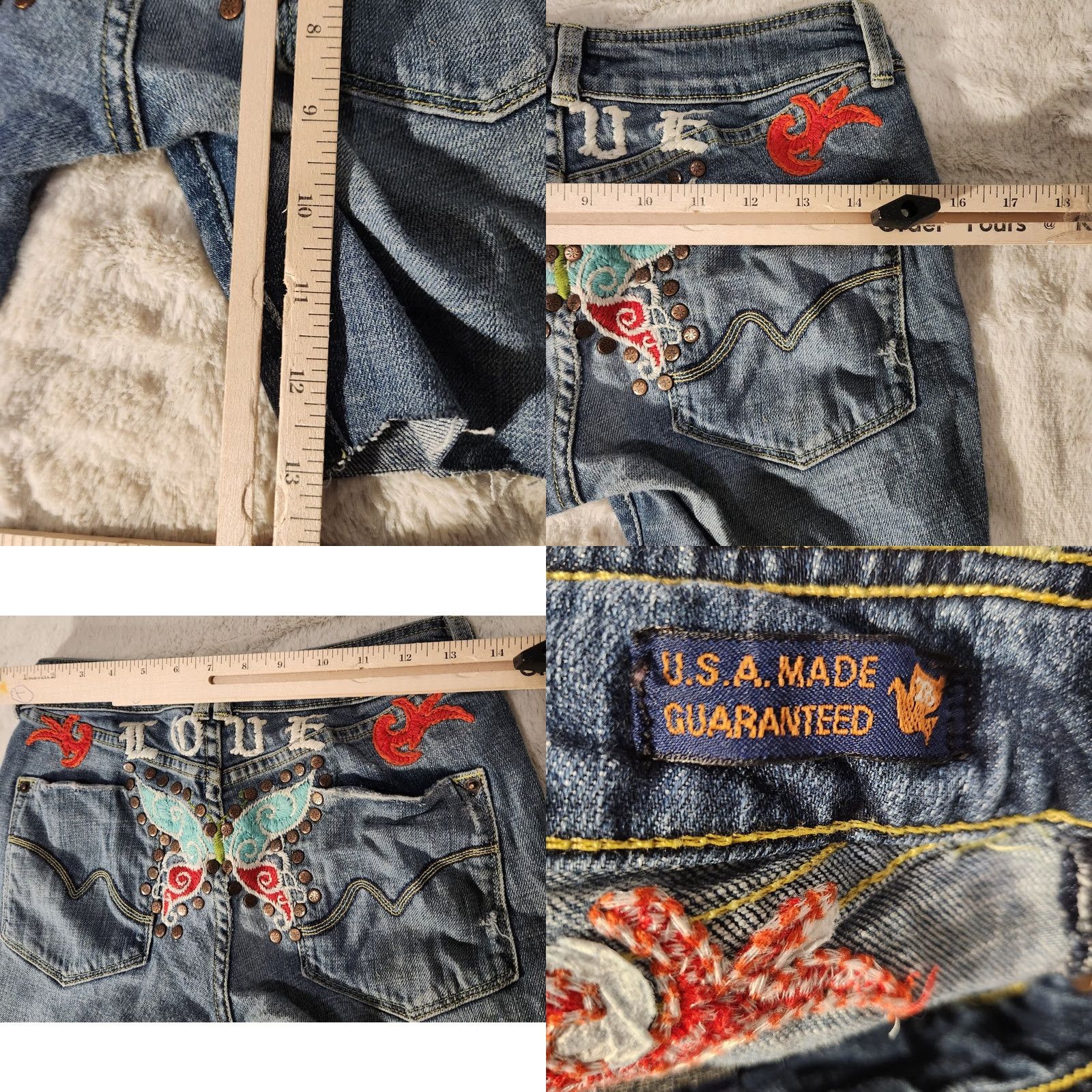 Vintage People 4 Peace Jeans Shorts Womens Small Blue Distressed Studded Embroidered USA Bohemian Festival Y2K Butterfly Size 28" / US 6 / IT 42 - 8 Thumbnail