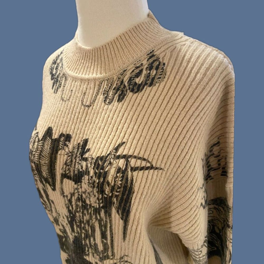 Cider VINTAGE Large Cider Tan Graphic Print Sweater Funnel Neck Ribbed Womens L Brown Long Sleeve Pullover Size L / US 10 / IT 46 - 1 Thumbnail