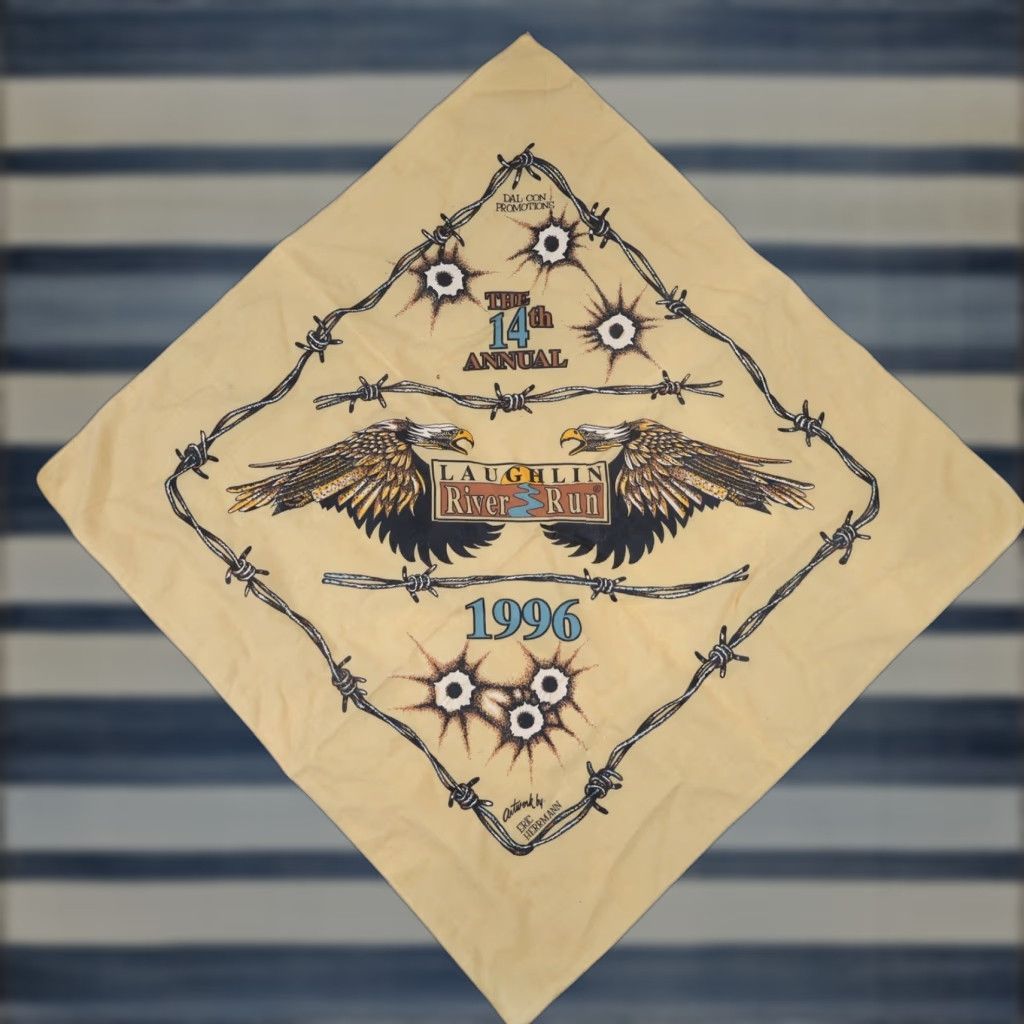 Vintage VINTAGE 1996 Laughlin River Run Motorcycle Rally Graphic Bandana Kerchief Yellow Unisex 20" Bandana Mens Womens Boys Girls Size ONE SIZE - 1 Thumbnail
