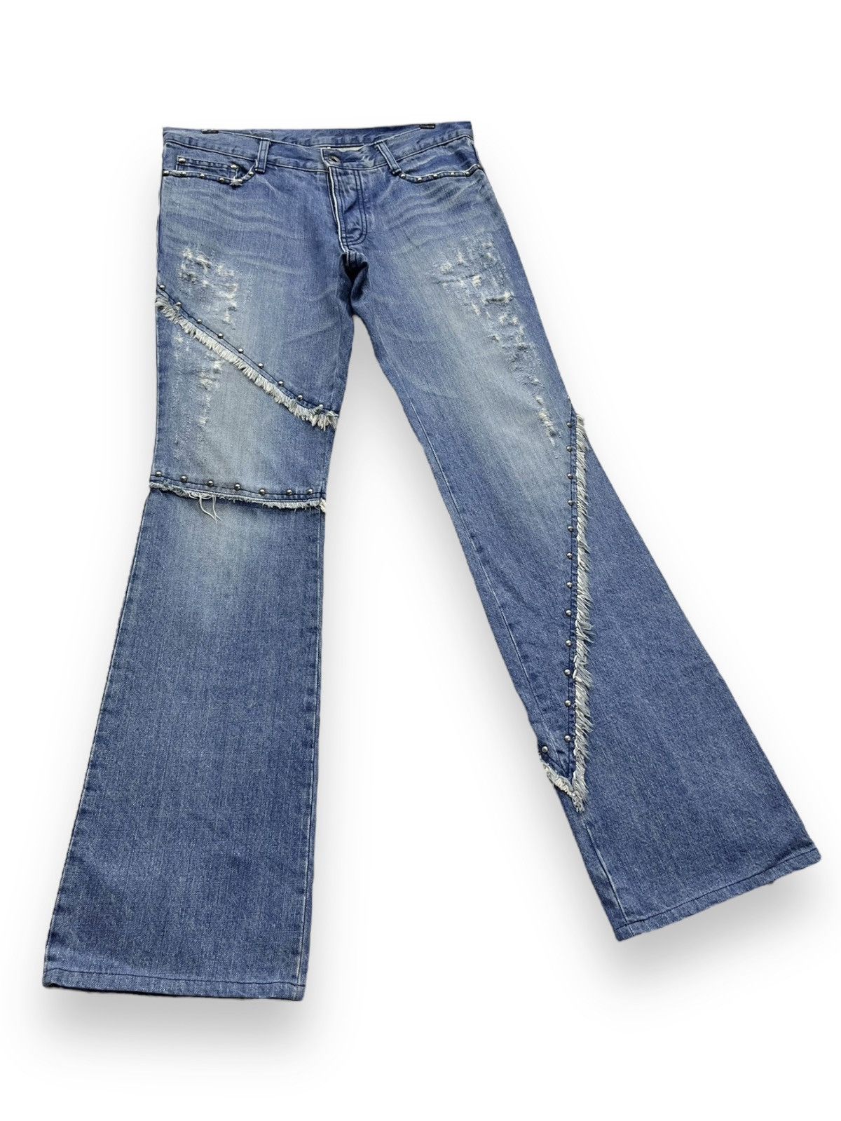 5351 POUR LES HOMMES 🔥Vtg 5351 HOMMES Distressed Frayed Spliced Studded Flare💥 Size US 31 - 7 Thumbnail