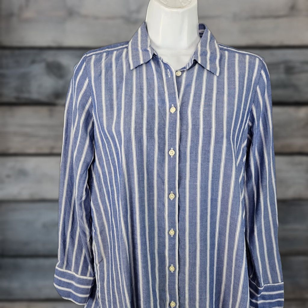 Loft Ann Taylor LOFT Womens Button Up Top Sz XSP Blue White Stripe Long Sleeve Shirt Womens XS-PX Size XS / US 0-2 / IT 36-38 - 1 Thumbnail