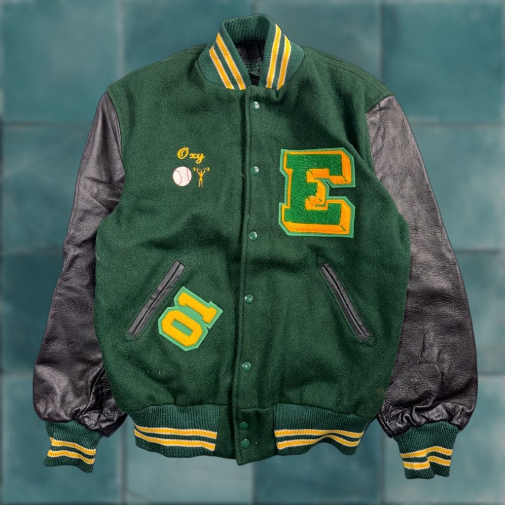 Evergreen VINTAGE Varsity Jacket 44 VTG Green Wool Leather Evergreen Plainsmen Chainstitch Mens Jacket 90s Green Size US S / EU 44-46 / 1 - 1 Thumbnail