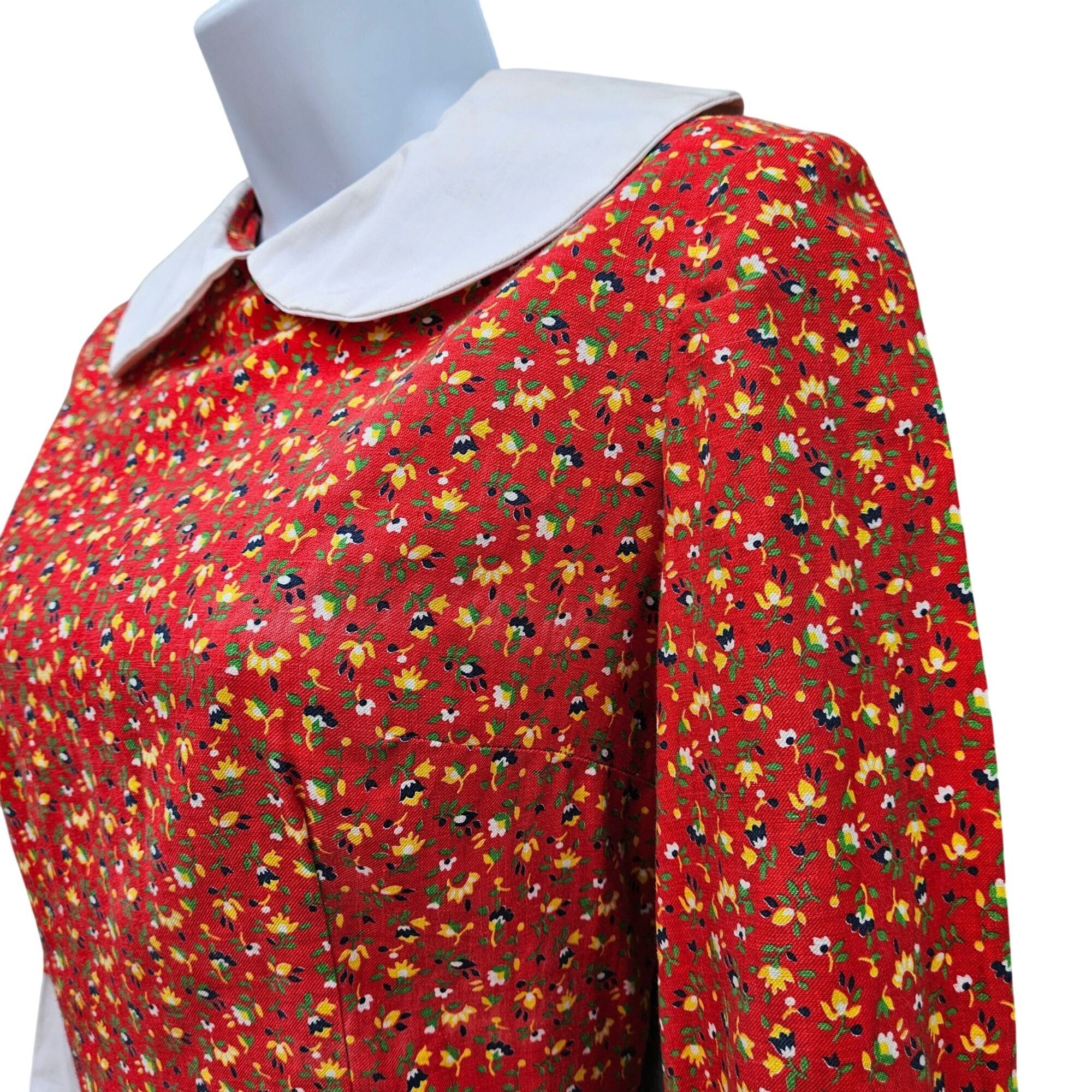 Homemade Vintage 70s Red Calico Maxi Prairie Dress Peter Pan Collar C Size XS / US 0-2 / IT 36-38 - 3 Thumbnail