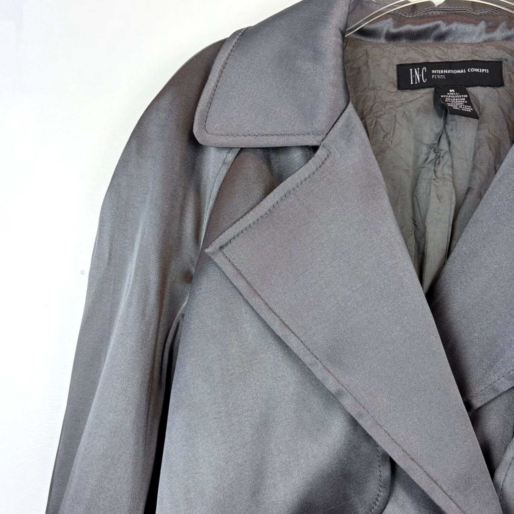 Vintage INC International Concepts Trench Coat Womens M Regular Gray Polyester Buckle Button Double Breasted Spring Fall Winter Coat Size M / US 6-8 / IT 42-44 - 6 Thumbnail