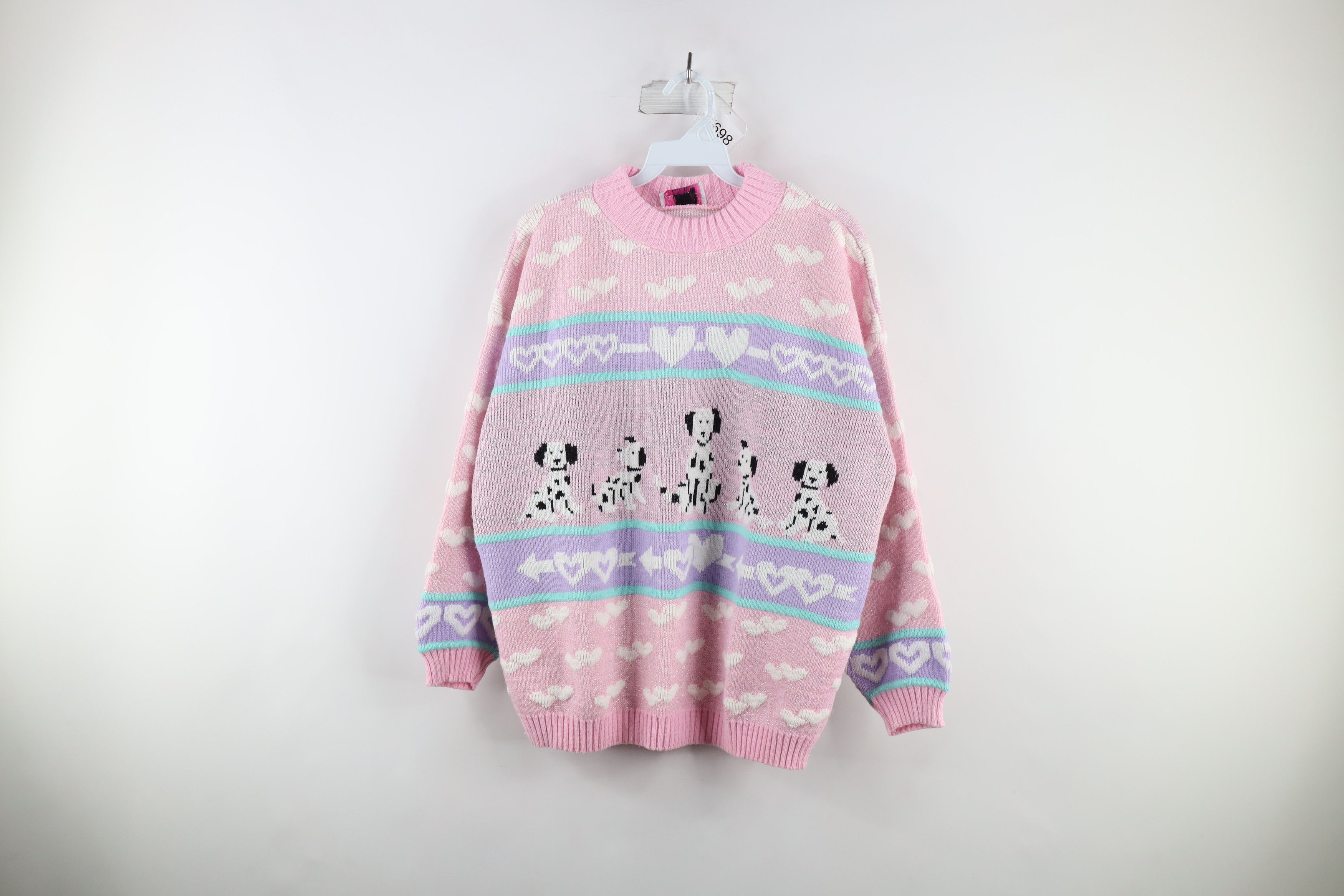 Image of Vintage 90's Kei Kawaii Heart Dalmatian Dog Knit Sweater Usa, Women's (Size XL)