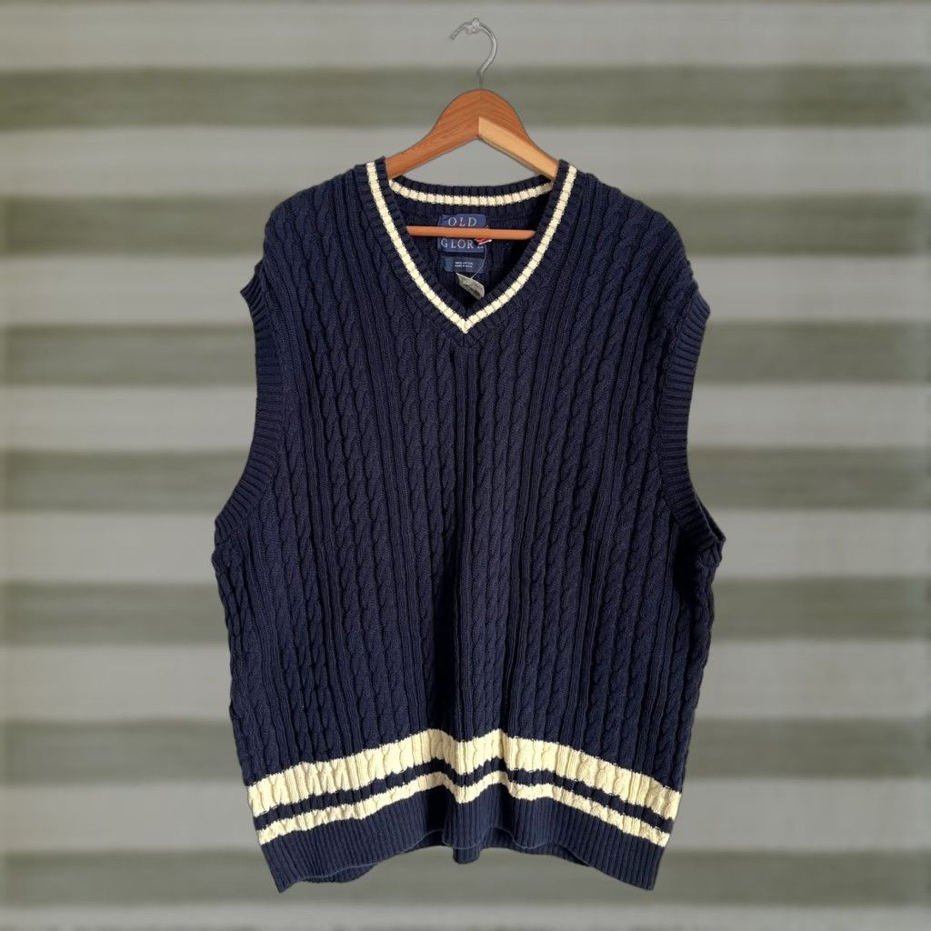 Vintage VINTAGE Old Glory Men's Sweater Vest 2XL Navy Cotton Cable-Knit V-Neck Tall 90s Retro Size US XXL / EU 58 / 5 - 1 Thumbnail