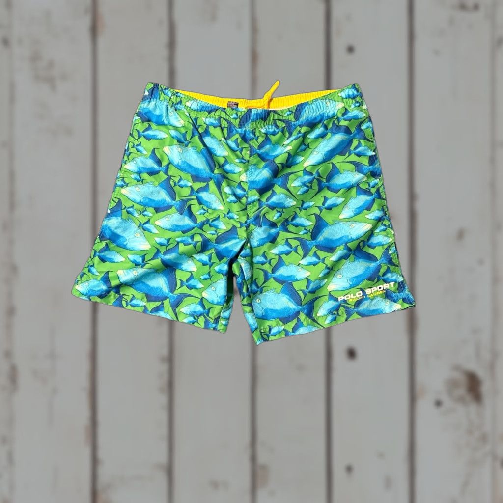 Polo Ralph Lauren VINTAGE Ralph Lauren Polo Sport Fish Print Swim Trunks L Blue Green Trunks Mens Back Pocket Lightweight Pockets 100% Polyester Size US L / EU 52-54 / 3 - 1 Thumbnail