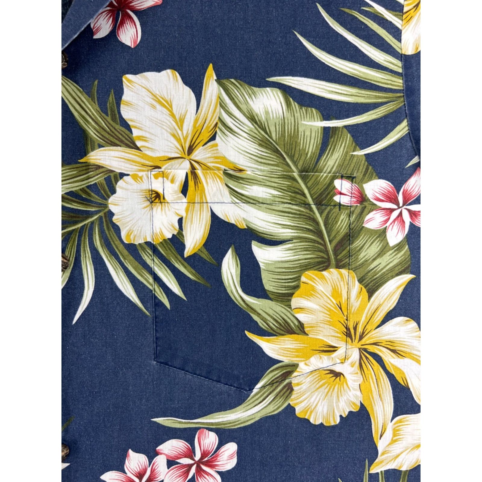 Vintage VINTAGE Royal Creations Hawaiian Shirt Mens Button-Up Dark Blue Floral Palm Plumeria Poly Blend M Short Sleeve Collared Casual Beach Aloha 70s 80s Size US M / EU 48-50 / 2 - 6 Thumbnail