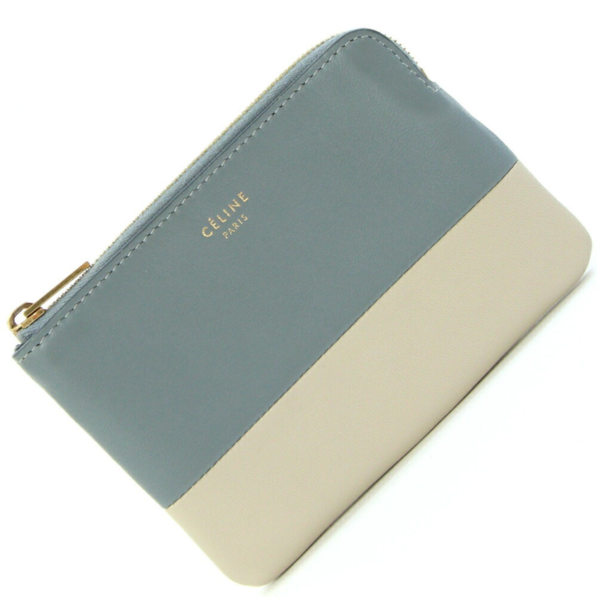 Celine Solo Coin Case 106013 Blue Beige Leather Purse Pouch Bicolor Women's