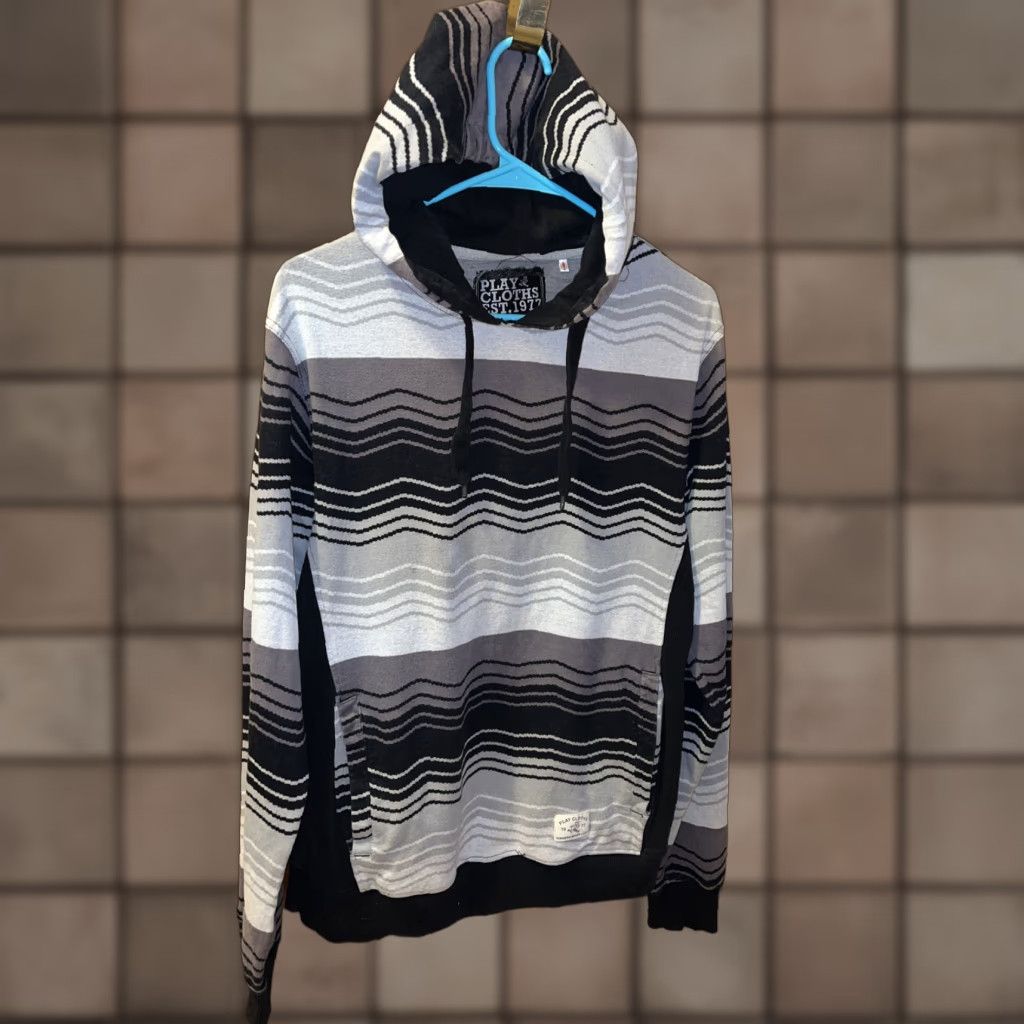 Vintage Play Cloths Mens Large Hooded Sweatshirt - Black Gray White Wavy Stripe Pullover Hip Hop Style Casual Winter Fall Spring Summer Size US L / EU 52-54 / 3 - 1 Thumbnail