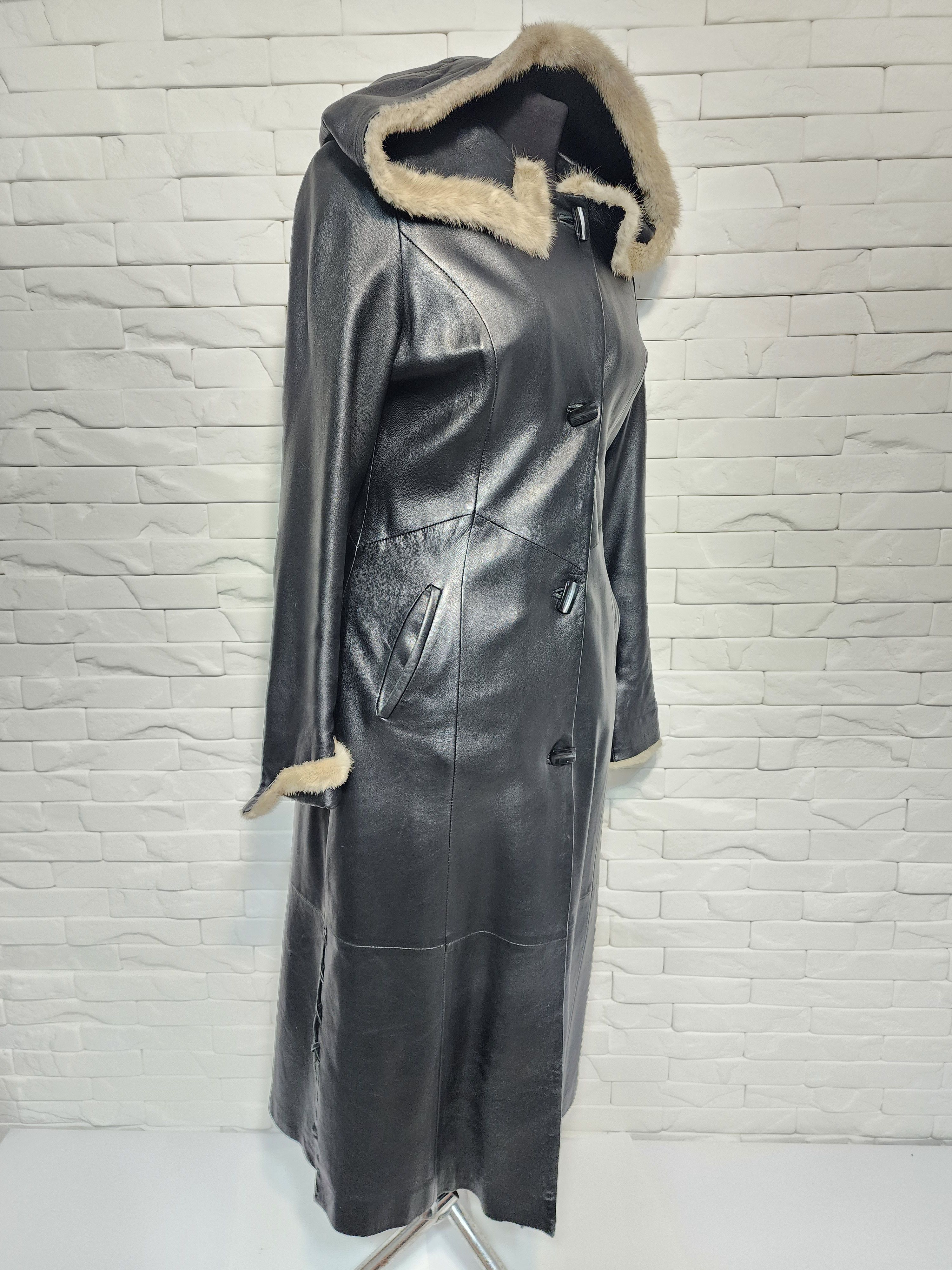 Genuine Leather Black Leather Long Jacket: Elegant Women's Coat With Hood Size M / US 6-8 / IT 42-44 - 3 Thumbnail