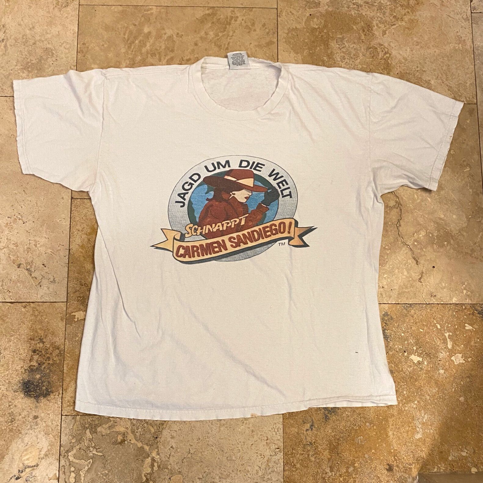 image of Vintage Where In The World Is Carmen Sandiego German T-Shirt 90's Size XL in White, Men's