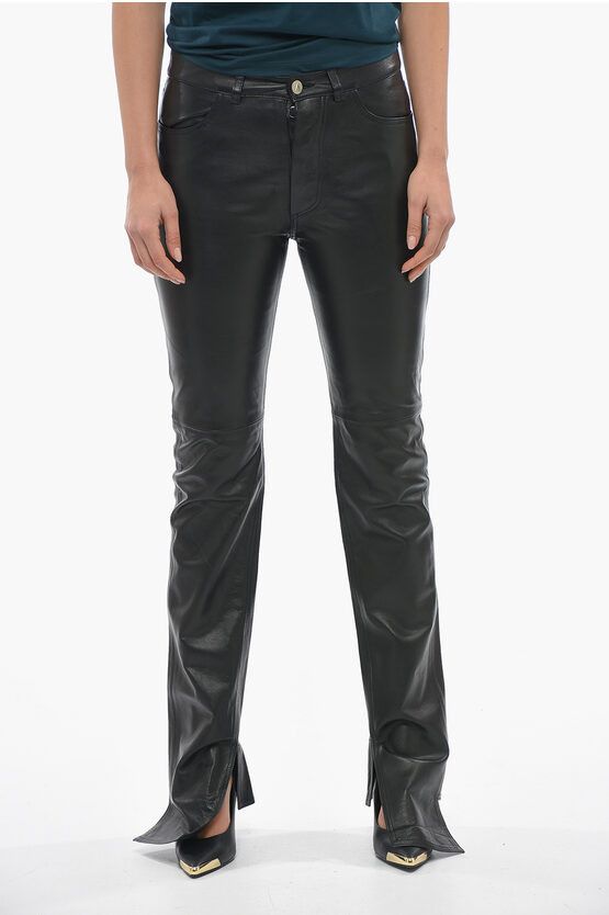 image of The Attico Asymmetric Hem Slim Fit Fern Leather Pants in Black, Women's (Size 26)