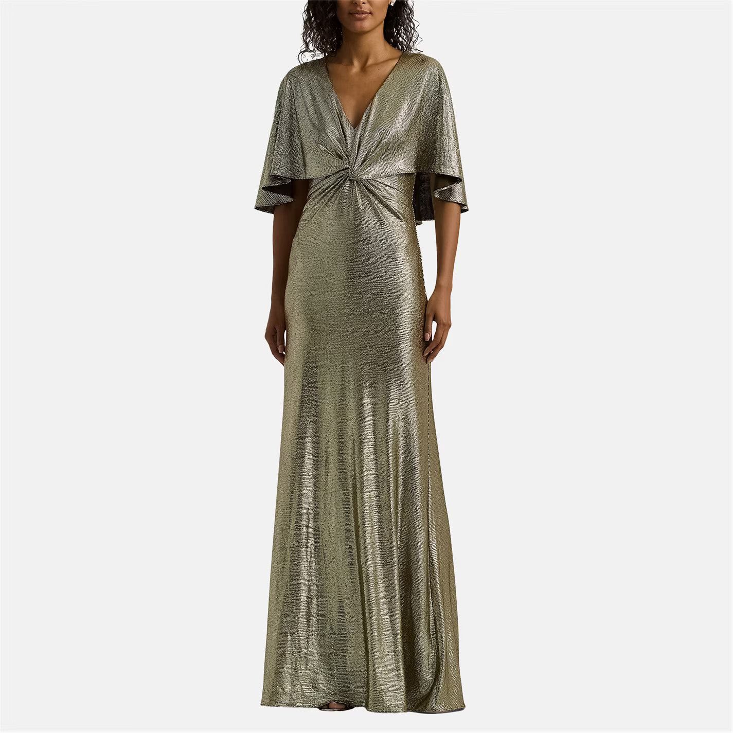 Lauren Ralph Lauren o1g2r1mq0825 Metallic Knit Twist-Front Cape Gown Green/Gold Size XS / US 0-2 / IT 36-38 - 4 Thumbnail