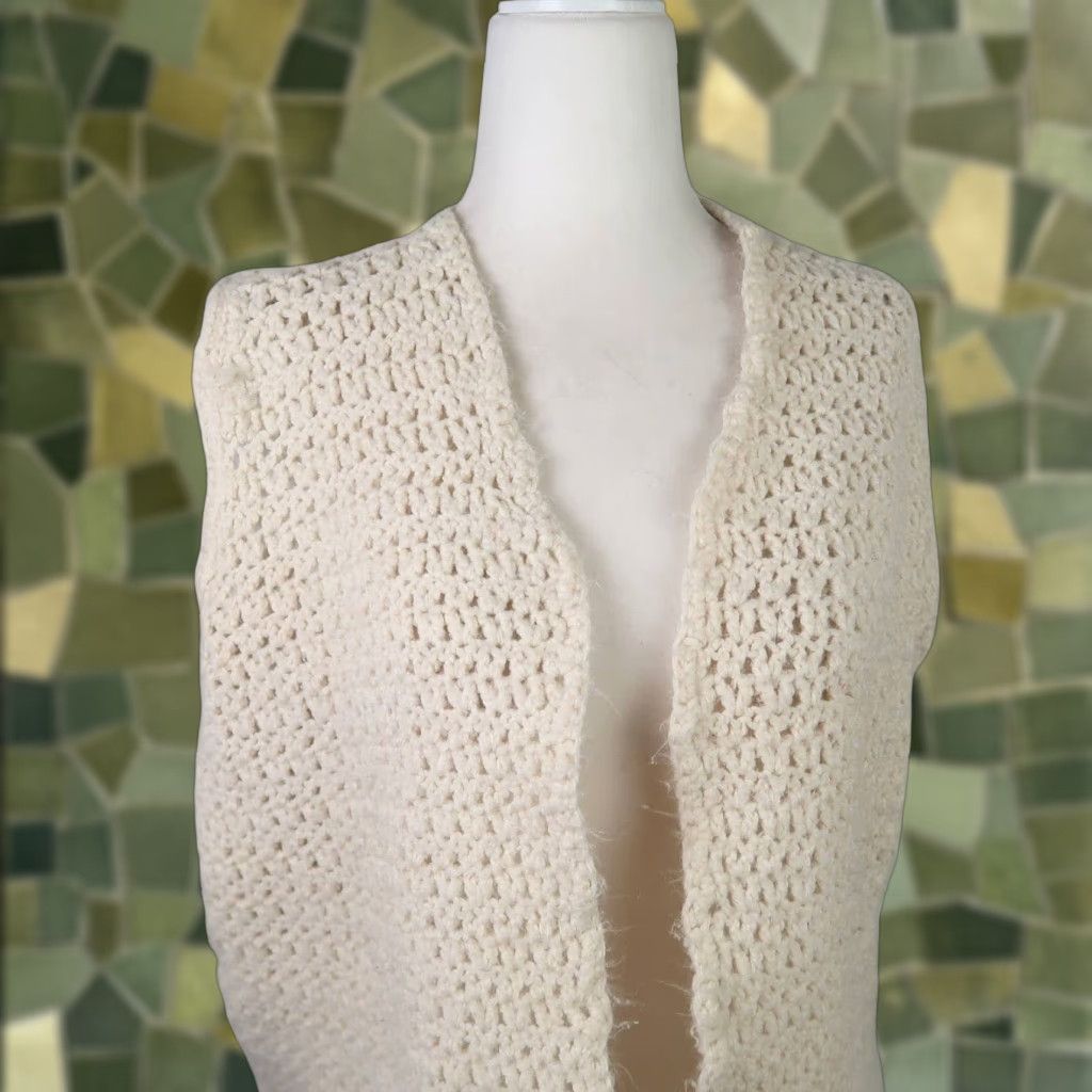 Vintage VINTAGE cream crochet knit sweater vest cardigan L Casual 1970s Acrylic Open fit Sleeveless Handmade 21" pit to pit 23" length Womens/Unisex Size L / US 10 / IT 46 - 1 Thumbnail
