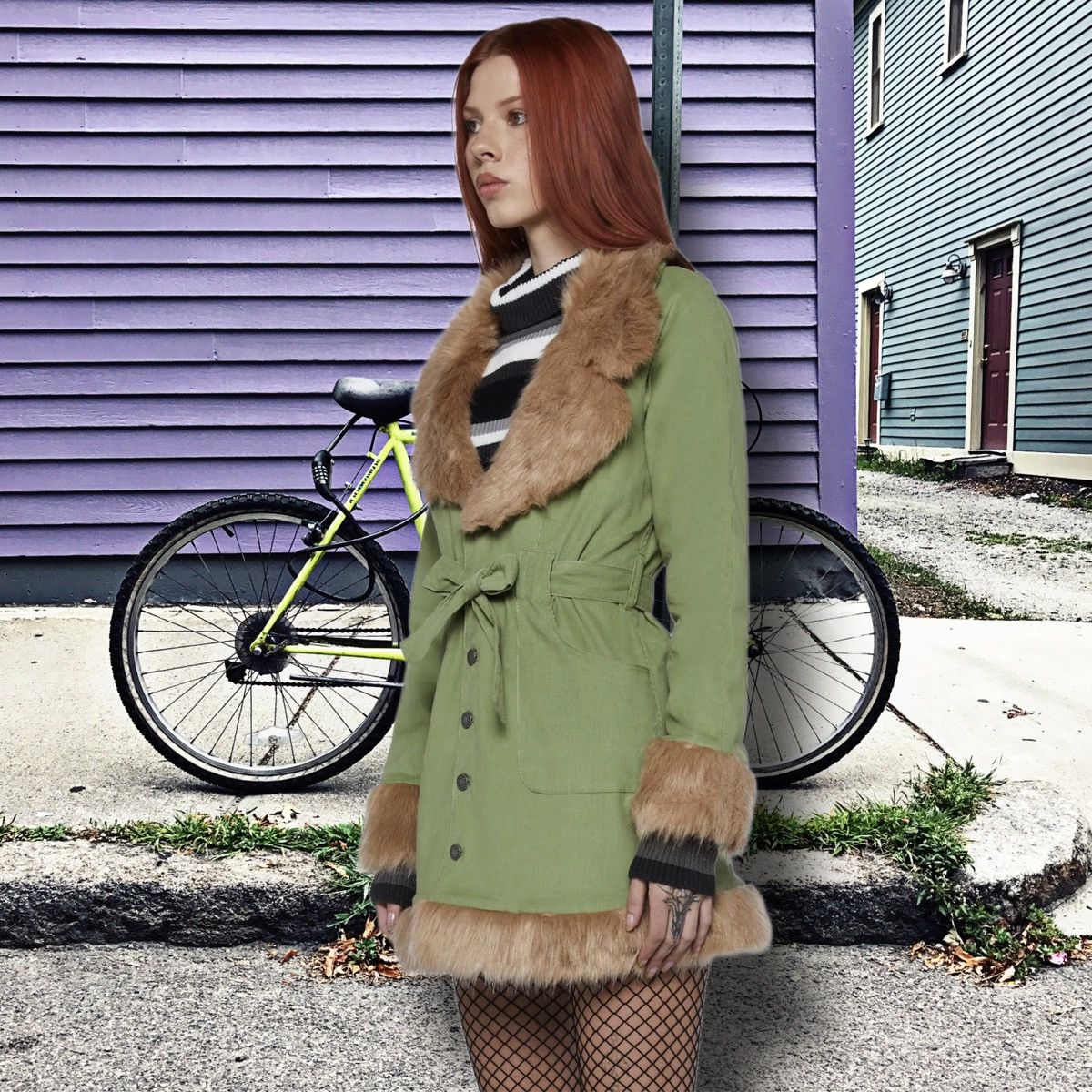 Vintage dELiA*s Daisy Dear Sherpa green cord mohair retro peacoat 90 Size XS / US 0-2 / IT 36-38 - 3 Thumbnail