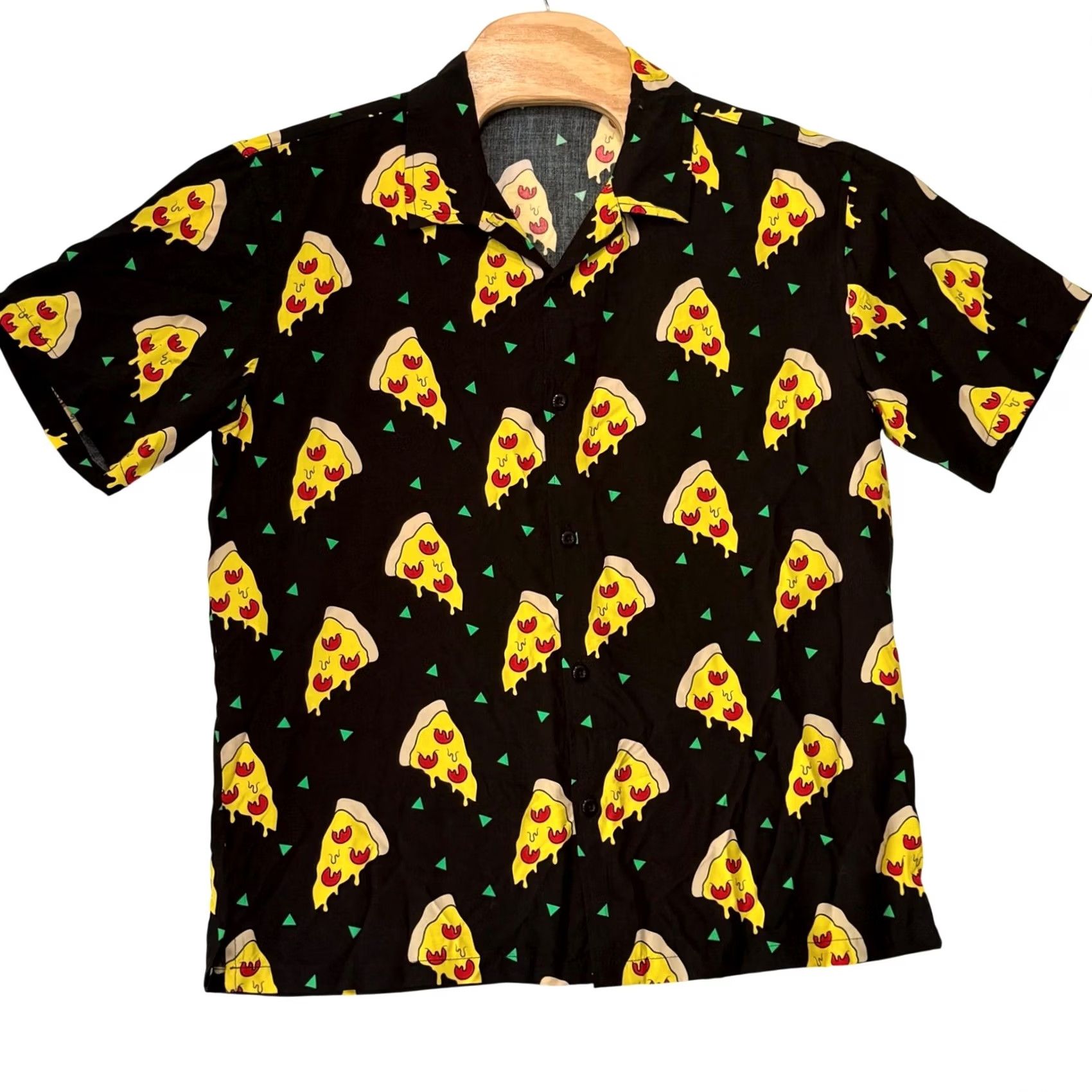 Vintage Bioworld Mens M Button Down Shirt Black Pizza Print Rayon Novelty Breathable NWT Size US M / EU 48-50 / 2 - 2 Thumbnail