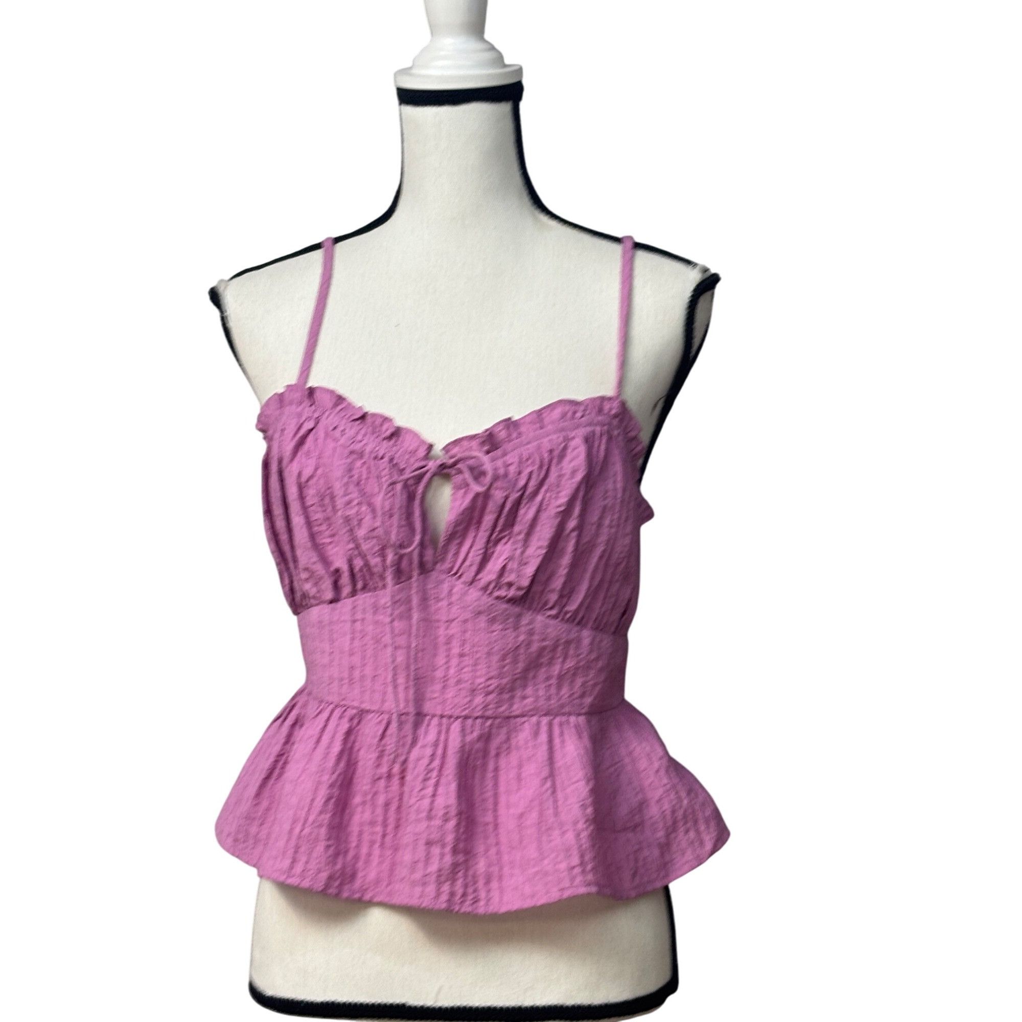 Other Lush Strappy Crinkle Fabric Lace Back Peplum Top, Pink Orcha Size L / US 10 / IT 46 - 10 Thumbnail