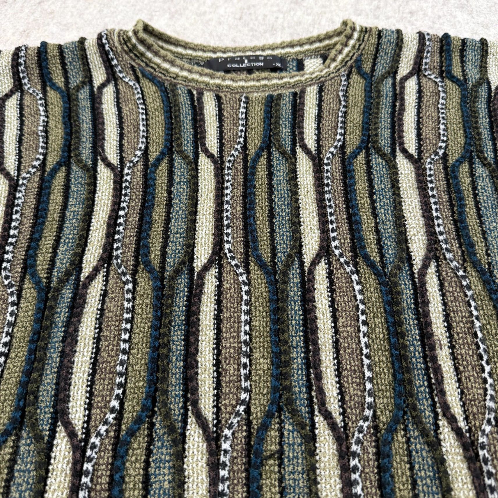 Coogi Protege Sweater Mens XL Green Brown Blue 3D Knit Abstract Coogi Style Pullover Size US XL / EU 56 / 4 - 7 Thumbnail