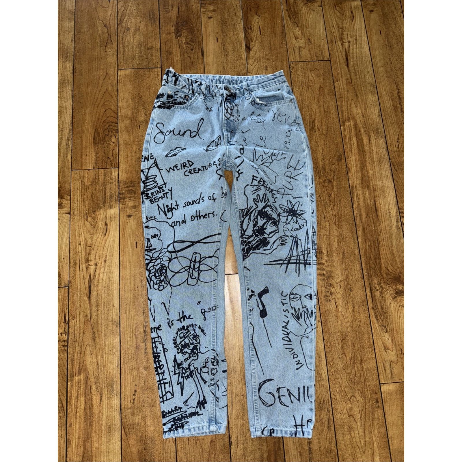 Topshop × Vintage Topshop Moto Printed Denim Jeans Blue 28x30 Size 28" / US 6 / IT 42 - 1 Thumbnail