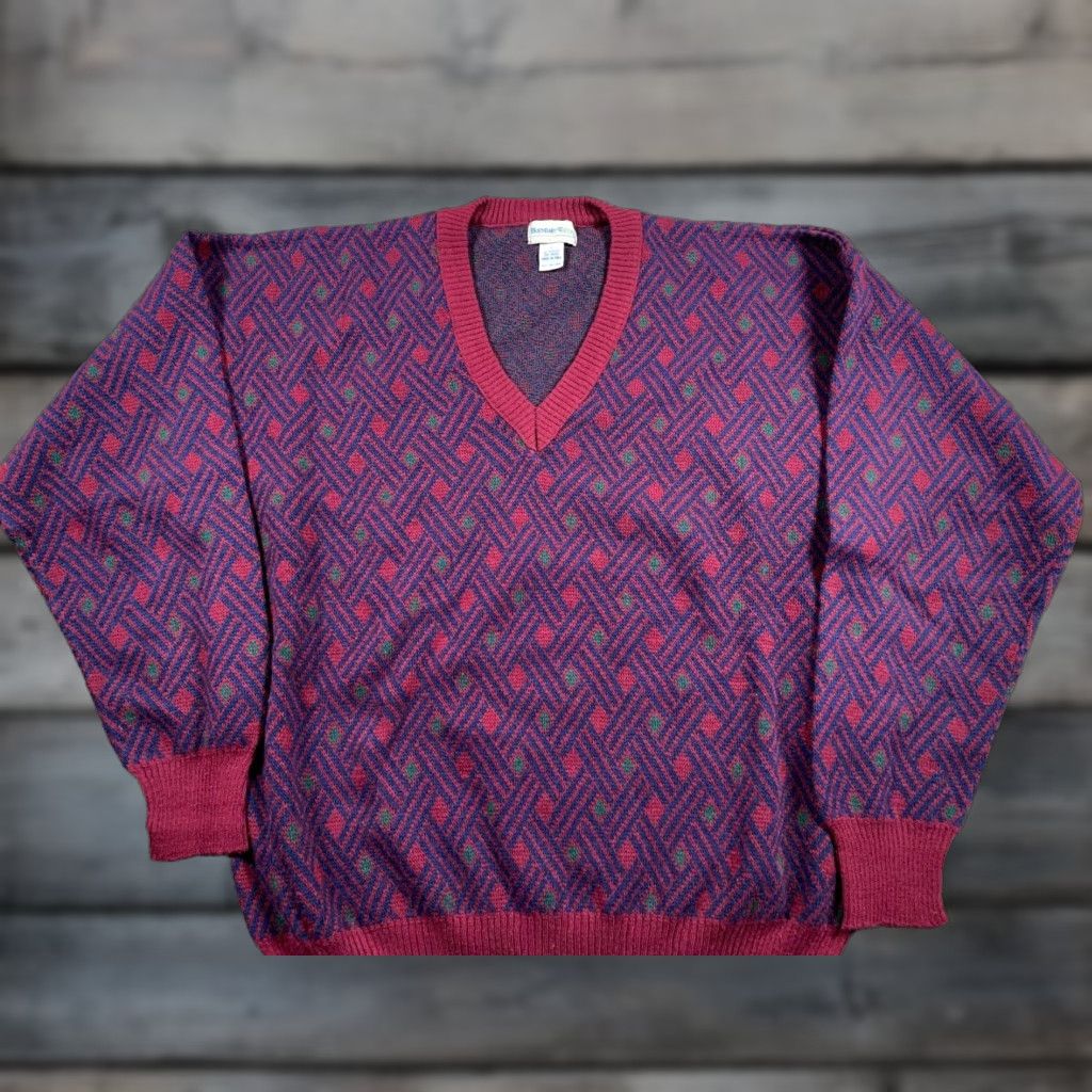 Vintage VINTAGE Sweater Diamond Pattern V-Neck Pullover Adult Large Red Knit Wool-Acrylic Blend Men’s 80s Retro Clothing Size US L / EU 52-54 / 3 - 1 Thumbnail