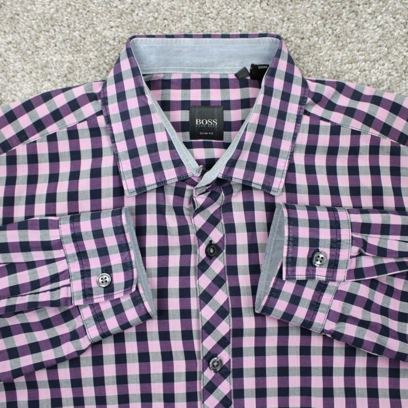 Hugo Boss HUGO BOSS Button-Up Shirt Mens L Pink/Purple/Black 100% Cotton L/S Check Casual Business 100% Cotton L/S Button Up Size US L / EU 52-54 / 3 - 2 Thumbnail