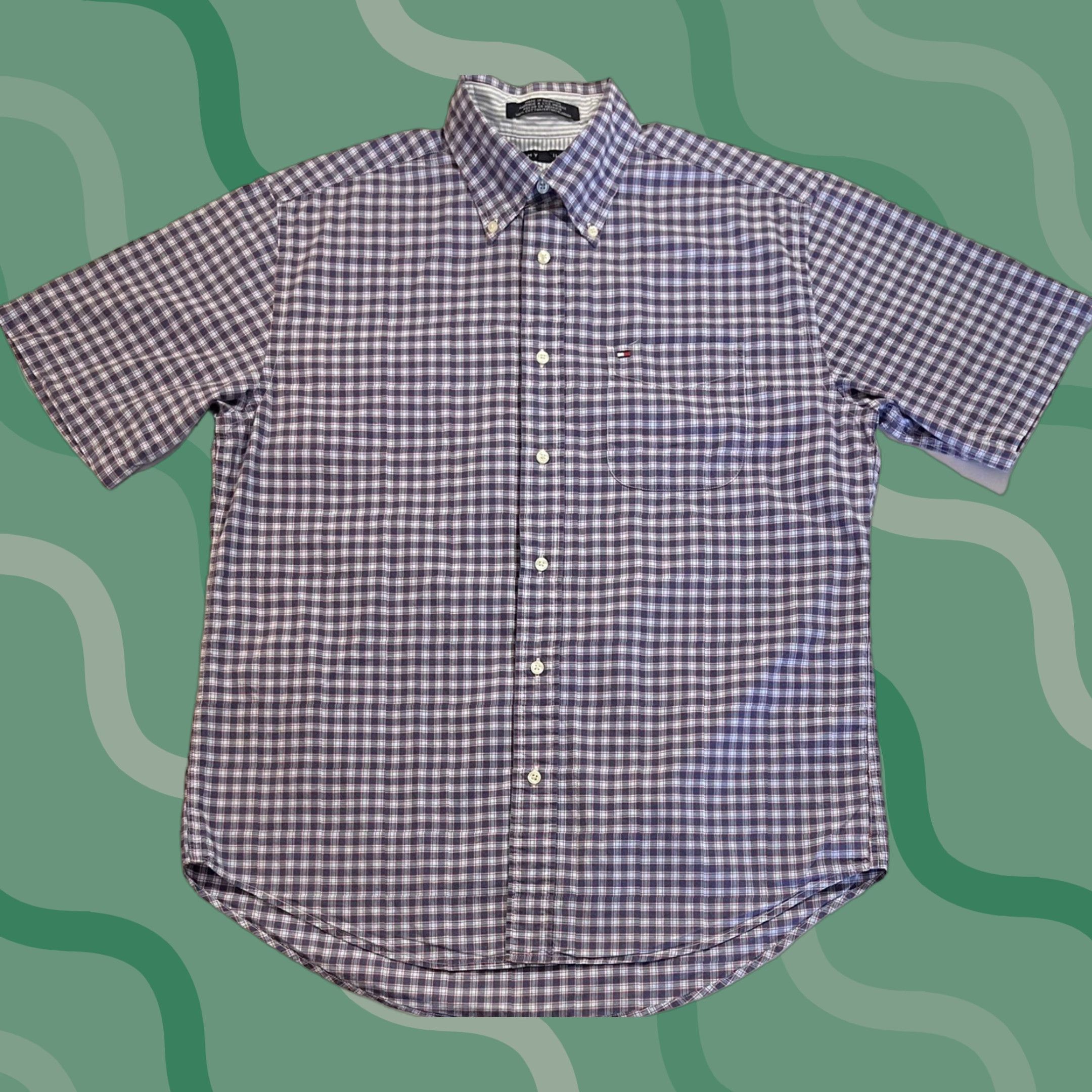 Tommy Hilfiger Shirt Mens Short Sleeve Button-Up Knit 100% Cotton Multicolor Check Casual Dad M Mens