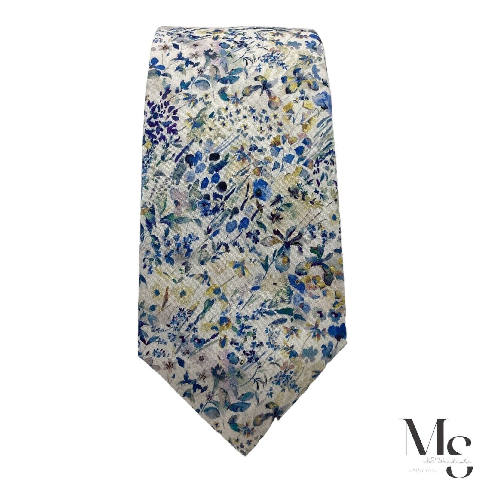 Charles Tyrwhitt CHARLES TYRWHITT Off White & Blue Floral Silk Tie Made Italy Size ONE SIZE - 3 Thumbnail