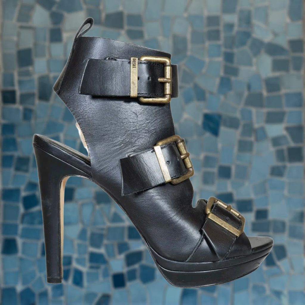 Diesel Diesel Riley Black Leather Strappy Platform High Heeled Sandals Women's US 10 EU 41 Size US 10 / IT 40 - 1 Thumbnail