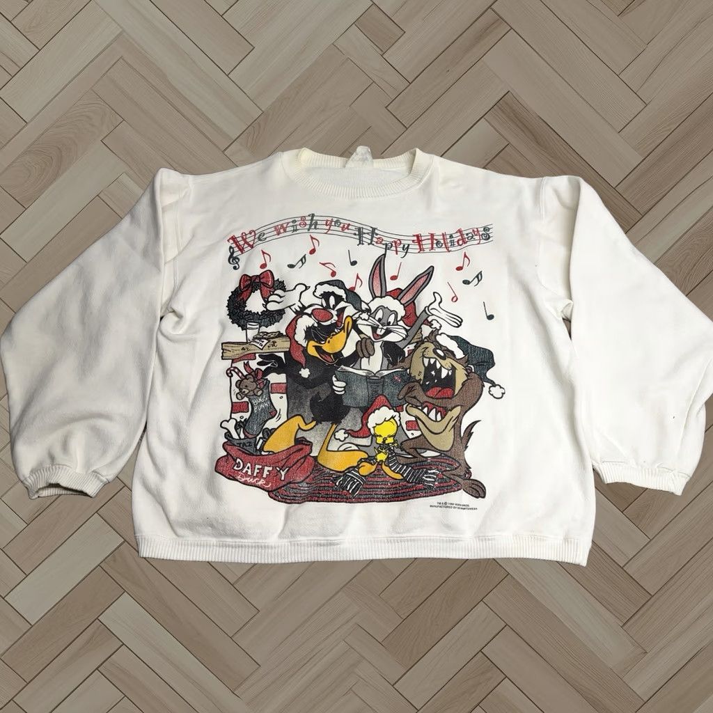 Vintage Looney Tunes Sweatshirt Mens 1XL White 90s Christmas Cartoon Graphic Print Bugs Taz Daffy Tweety Holiday Crewneck, Men's