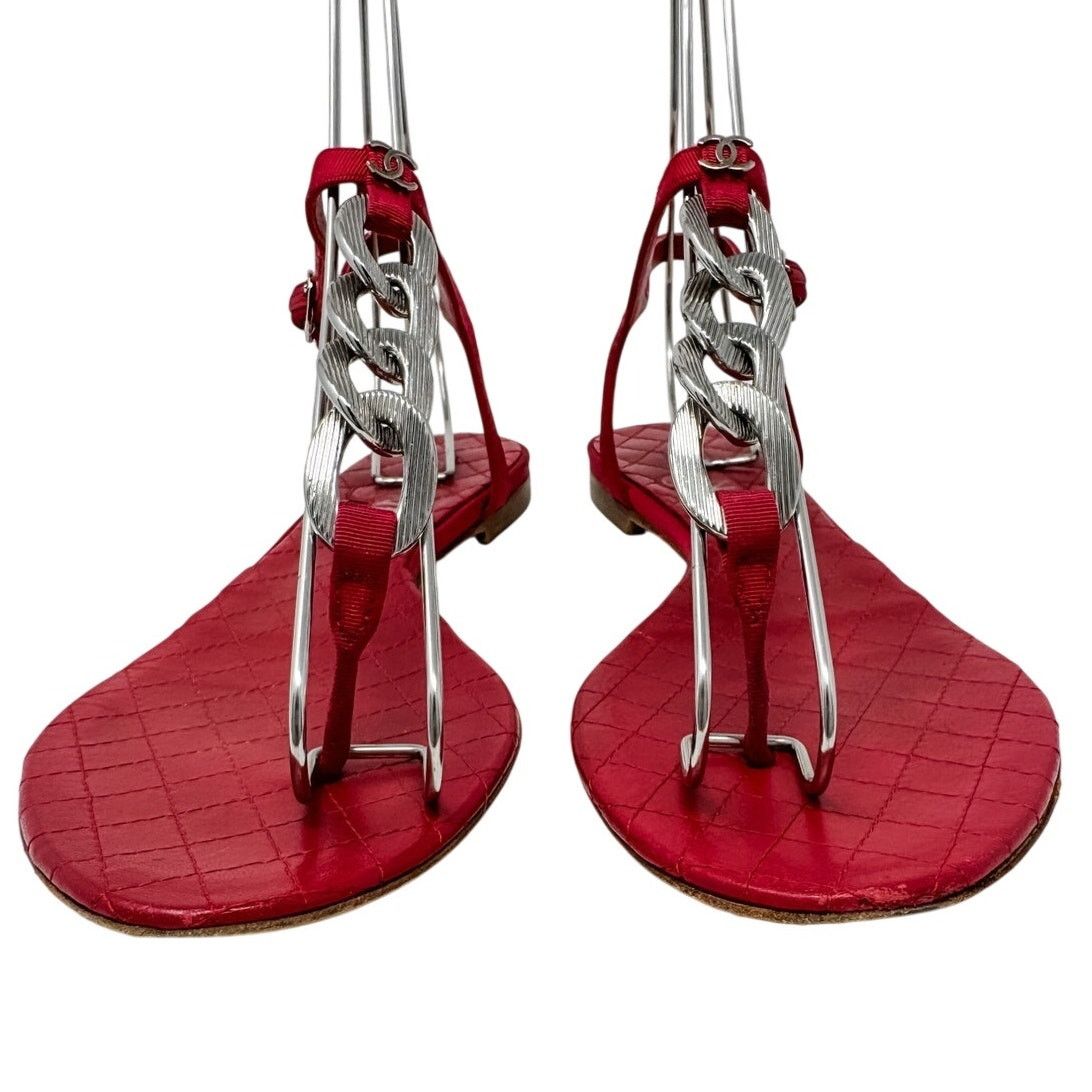 Chanel Chanel Red Silver Chain T Strap CC Logo Flat Sandals sz 37.5 Size US 7.5 / IT 37.5 - 15 Thumbnail