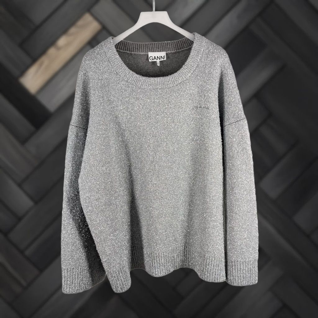 Ganni Ganni Sparkle Logo Sweater Silver Merino Wool Oversized S/M Women Pullover Logo Embroidered Crewneck 2024 2025 Mint Silver Size S / US 4 / IT 40 - 1 Thumbnail