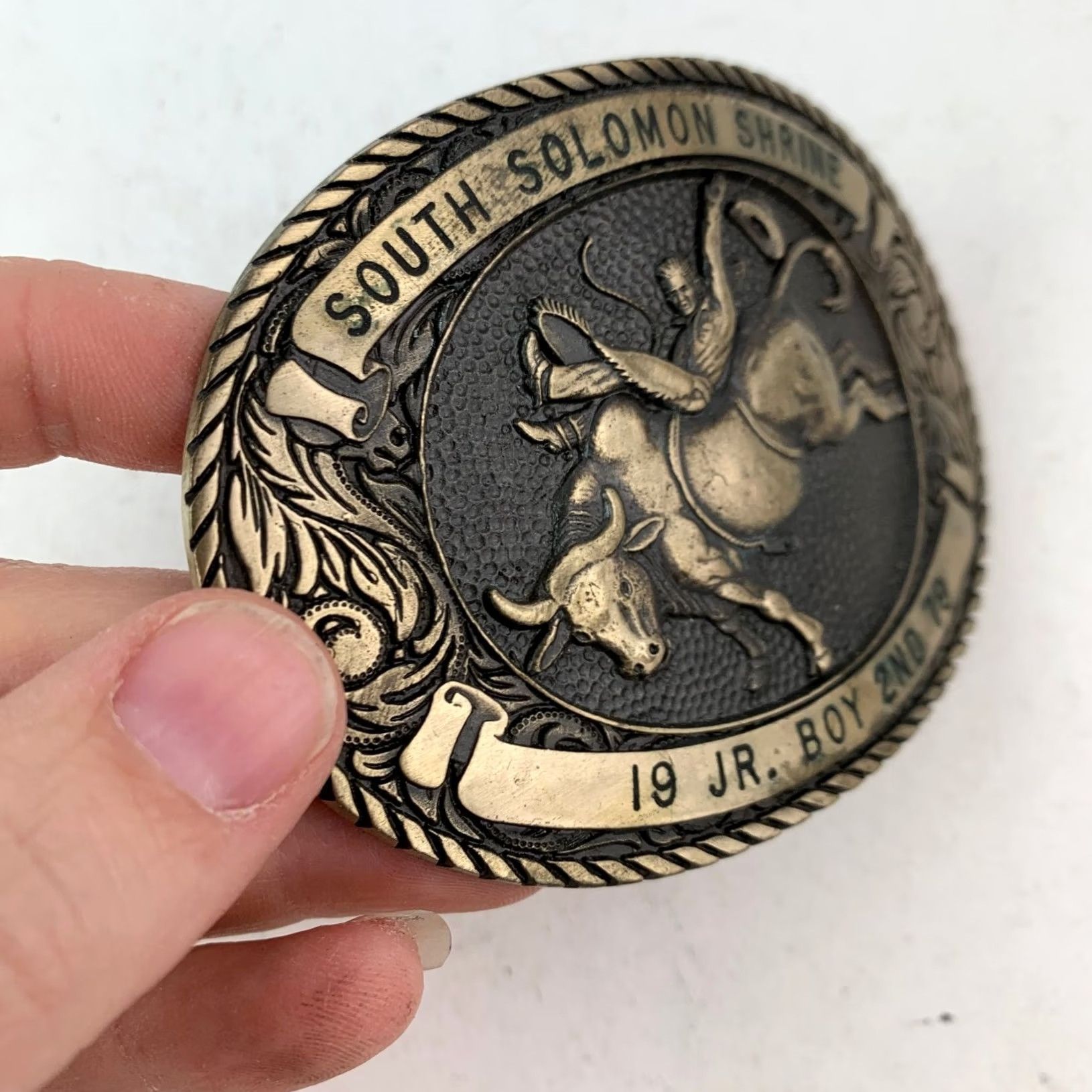 Vintage VINTAGE Award Design South Solomon Shrine 1979 Rodeo Bull Rider Solid Brass Belt Buckle Mens Brass 1970s Rodeo Cowboys Buckle Size ONE SIZE - 2 Thumbnail