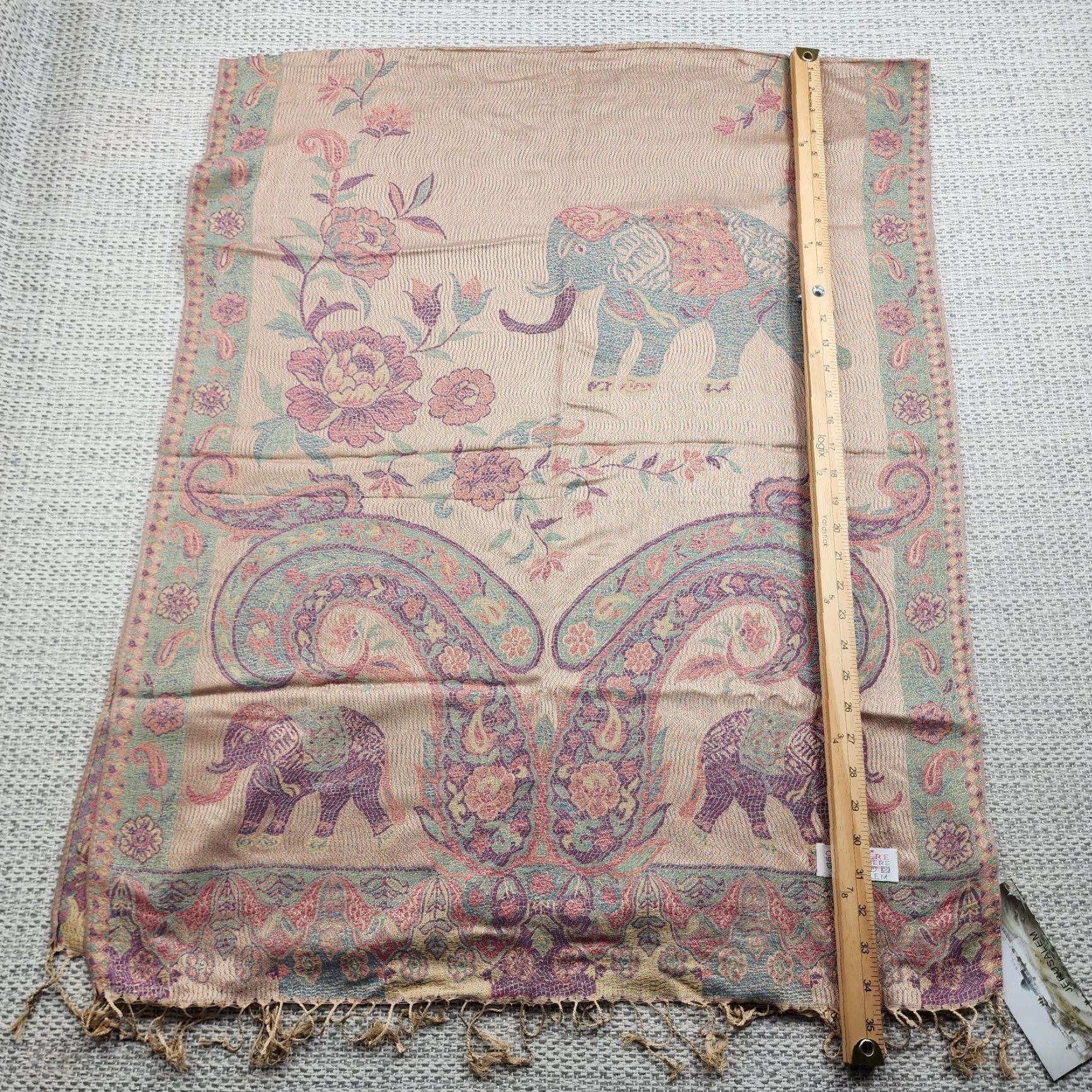 Vintage VINTAGE Jerusalem Shawl Wrap Womens Paisley Elephant Print Cashmere Tan Pink Fringe Tassel Size ONE SIZE - 7 Thumbnail