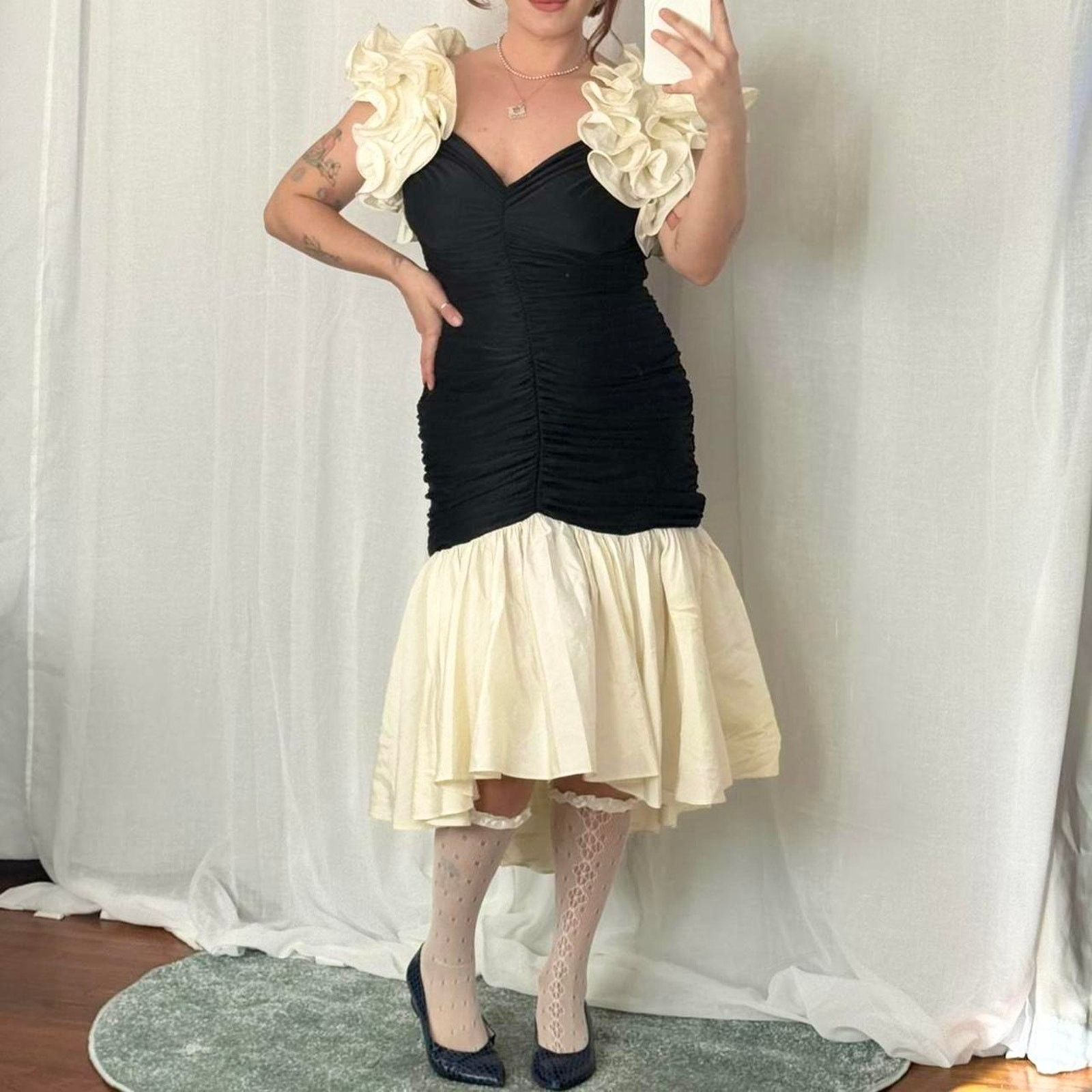 Vintage black + ivory ruffle couture dress Size L / US 10 / IT 46 - 1 Thumbnail
