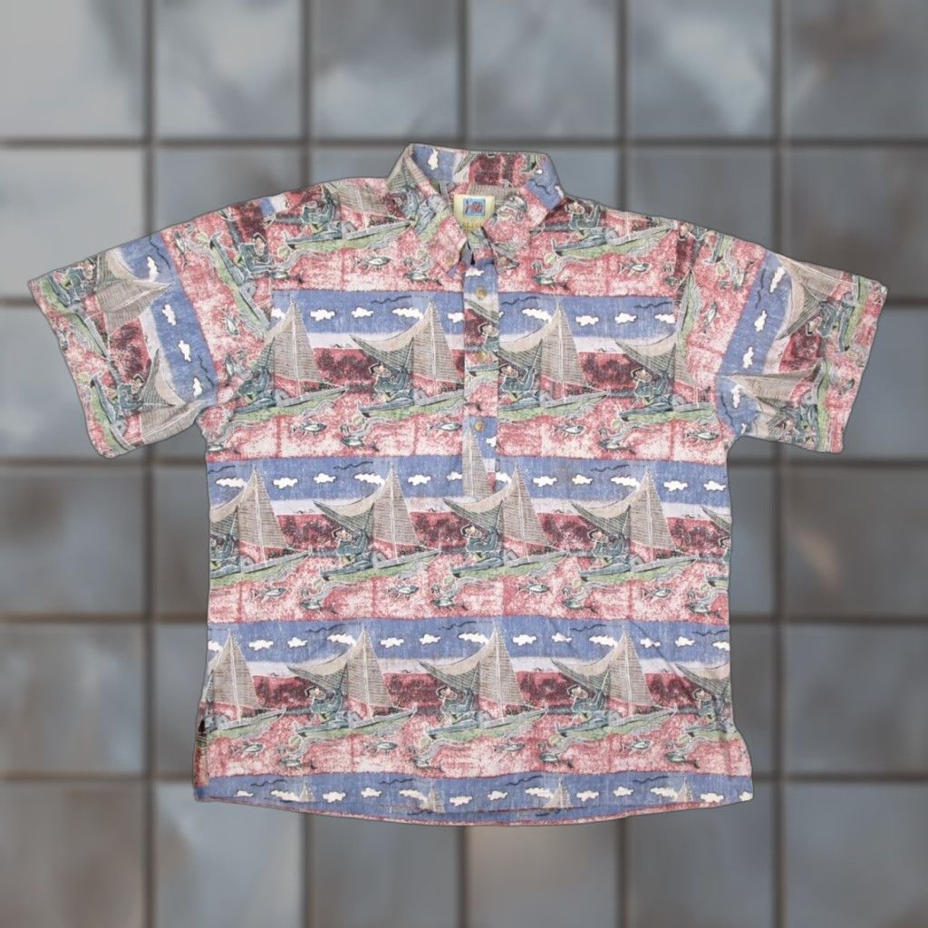 Vintage Kahala Avi Collection Mens Red Button-Up Shirt XL Regular Knit Cotton Short Sleeve Geometric Aloha Nautical Tropical Logo Button-Down Made in USA Size US XL / EU 56 / 4 - 1 Thumbnail