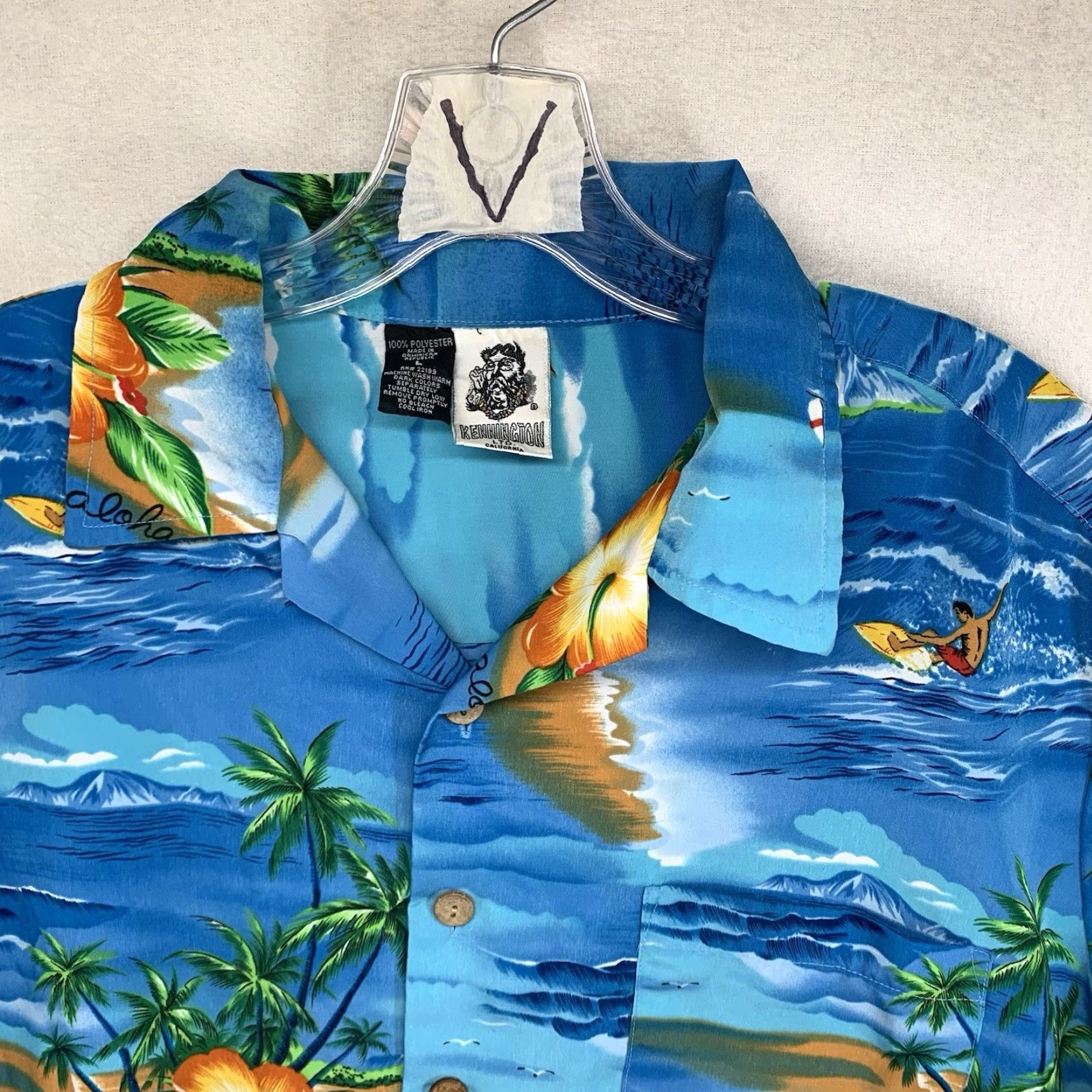 Vintage VINTAGE Kennington California Hawaiian Shirt Mens L Blue Hibiscus Surfer Wrap Button-Up Short Sleeve Floral 80s 90s Aloha Luau Vacation Hula Girl Size US L / EU 52-54 / 3 - 6 Thumbnail