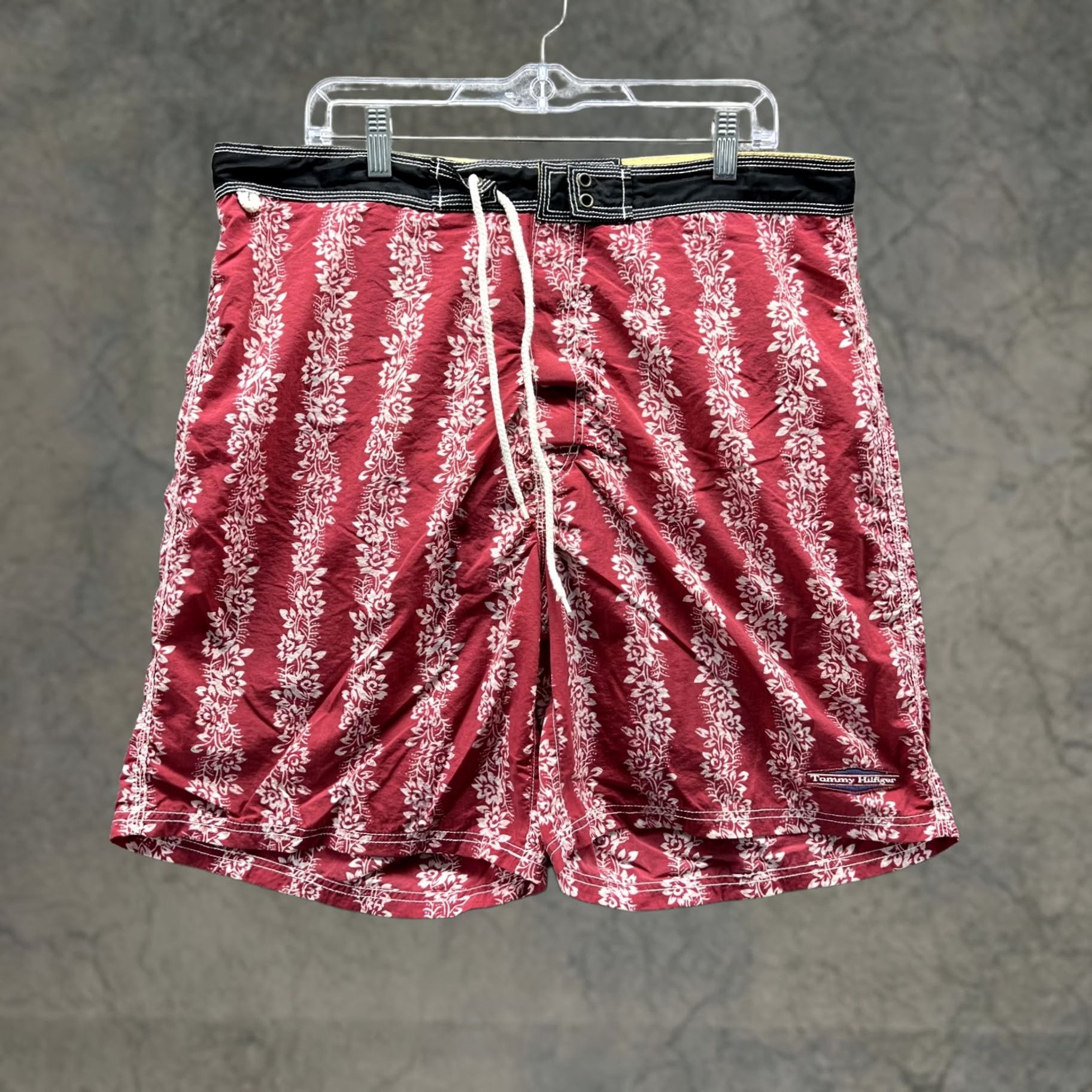 Tommy Hilfiger VINTAGE Tommy Hilfiger Shorts Men XL Red Striped Floral Nylon Swim Bottom Trunk Pool Swimwear Polyester Lining Size US 36 / EU 52 - 1 Thumbnail