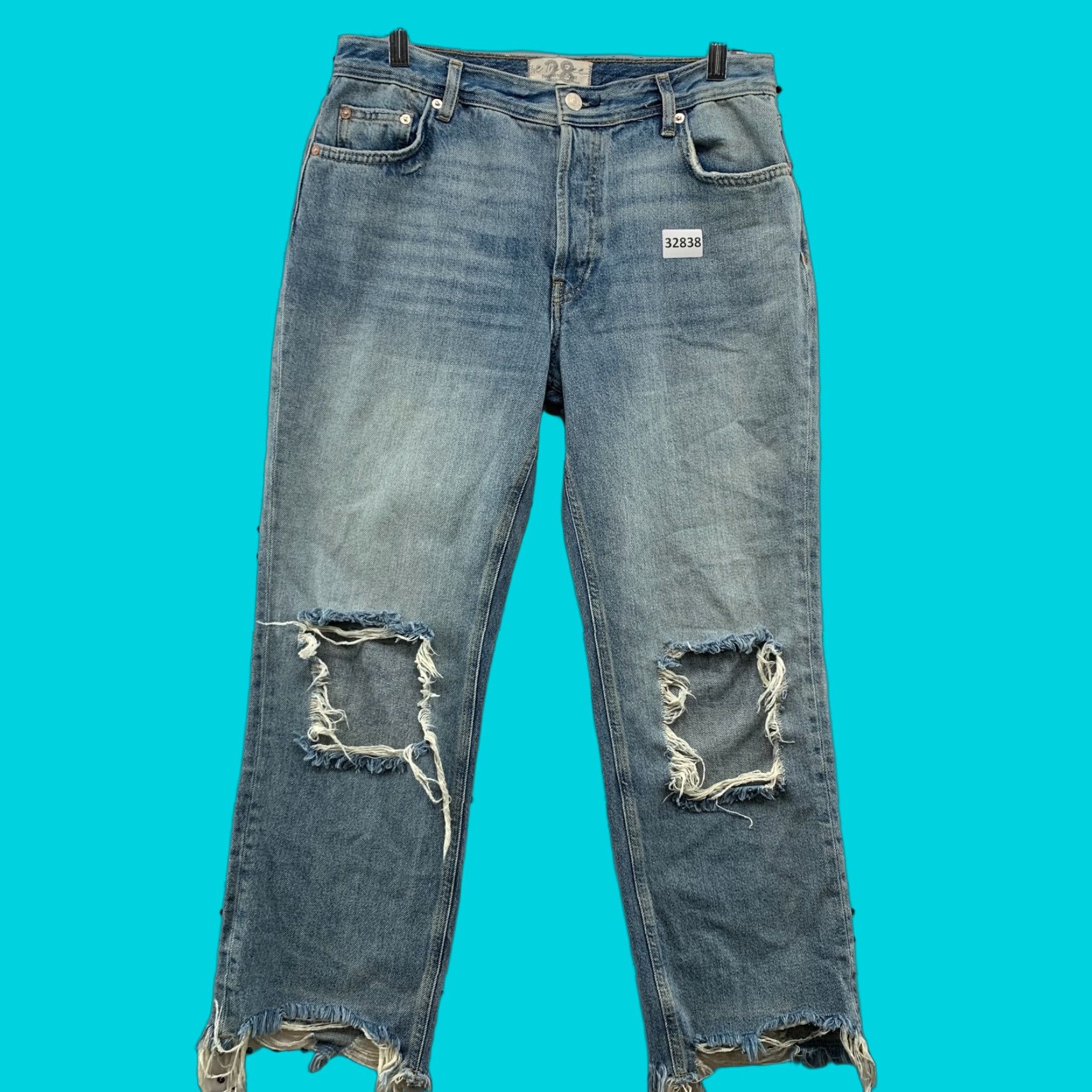 Vintage We The Free Women Jeans Size 28 Regular Fit Straight Leg Distressed Raw Hem Blue Denim 90s Casual